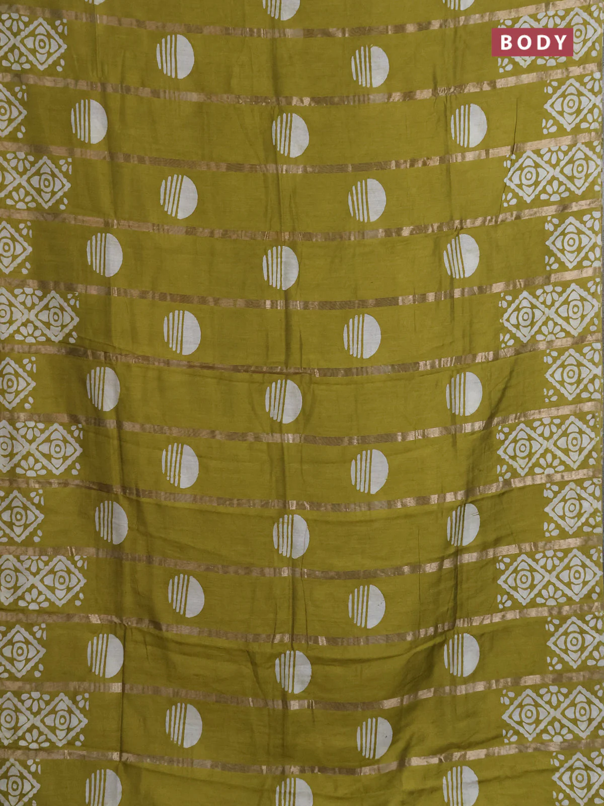 Semi chanderi saree mehendi green with allover zari strips & batik butta prints in borderless style - Image 2