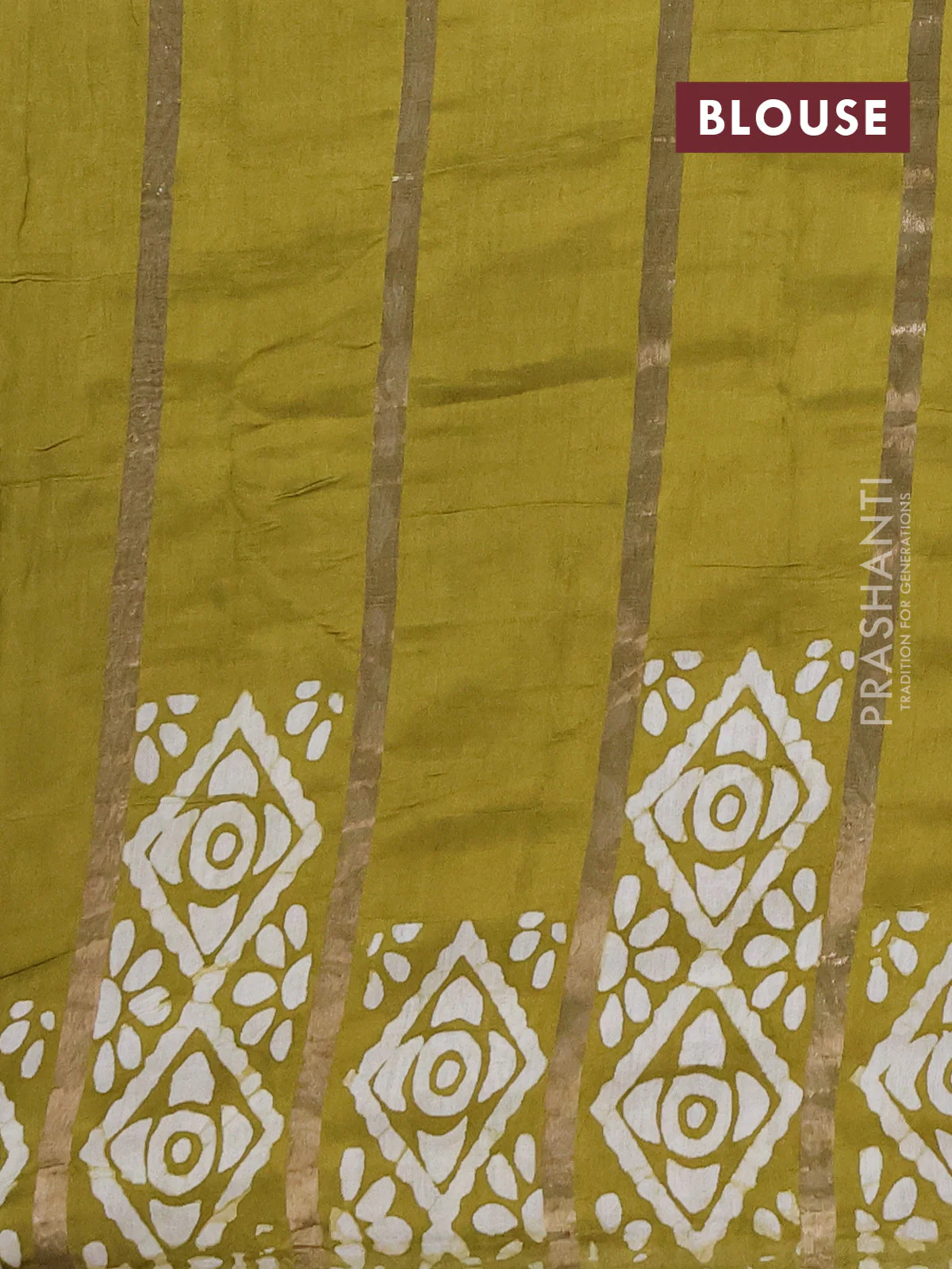 Semi chanderi saree mehendi green with allover zari strips & batik butta prints in borderless style - Image 4
