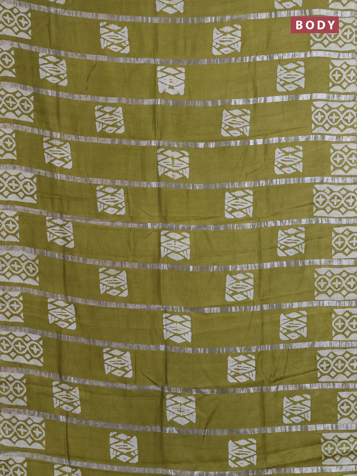 Semi chanderi saree mehendi green with allover zari strips & batik butta prints in borderless style - Image 2