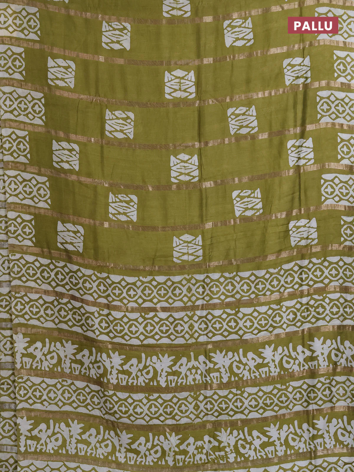 Semi chanderi saree mehendi green with allover zari strips & batik butta prints in borderless style - Image 3