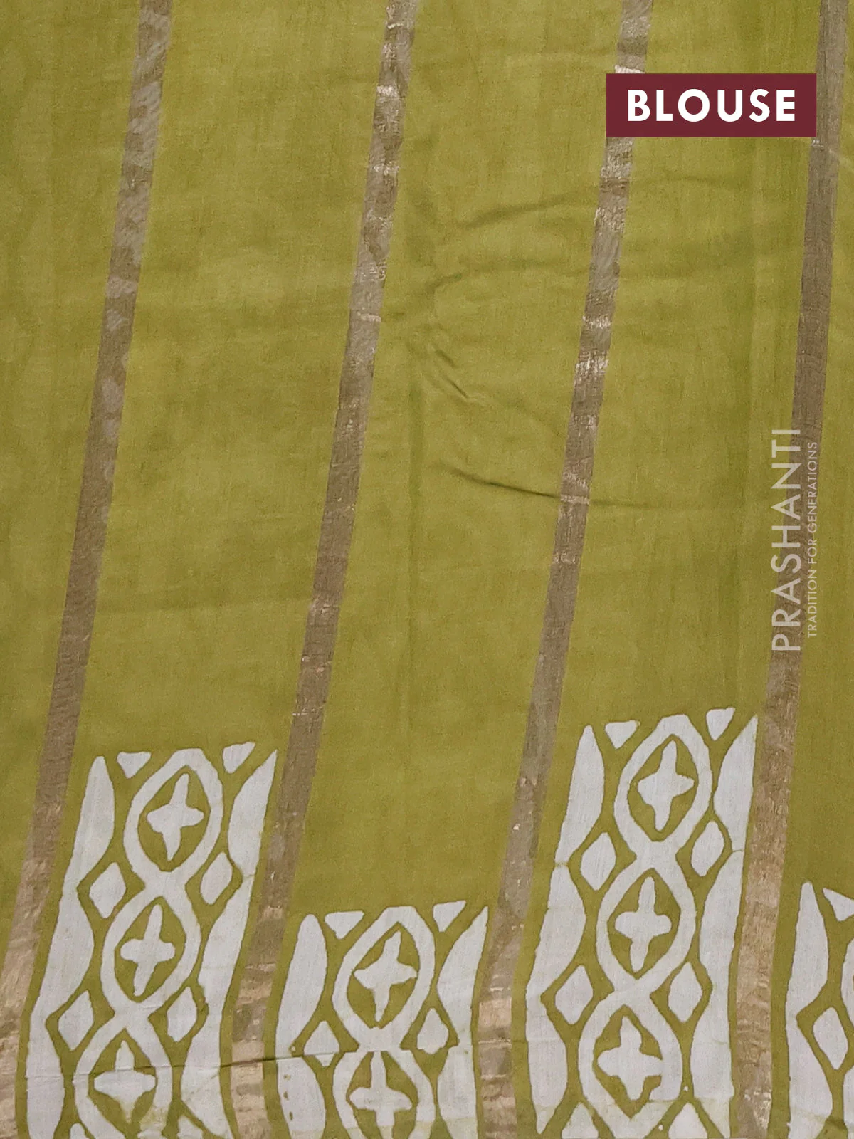 Semi chanderi saree mehendi green with allover zari strips & batik butta prints in borderless style - Image 4
