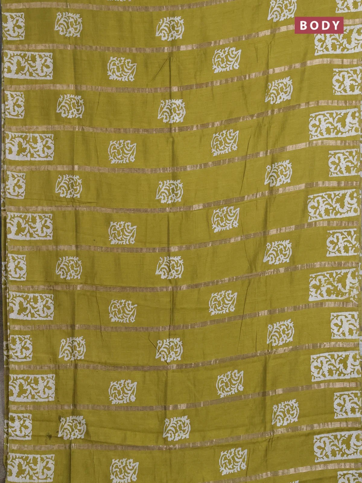 Semi chanderi saree mehendi green with allover zari strips & batik butta prints in borderless style - Image 2