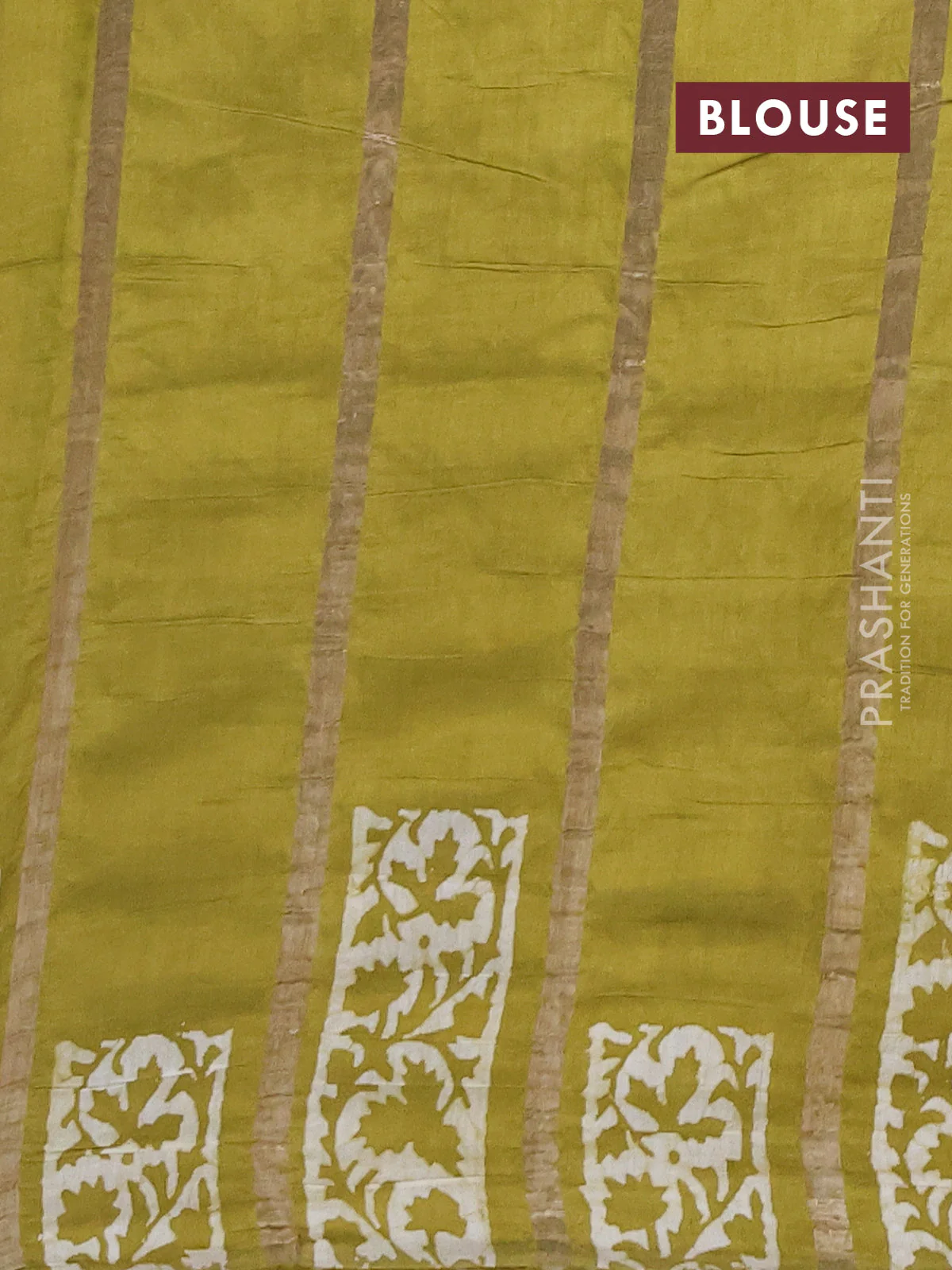 Semi chanderi saree mehendi green with allover zari strips & batik butta prints in borderless style - Image 4