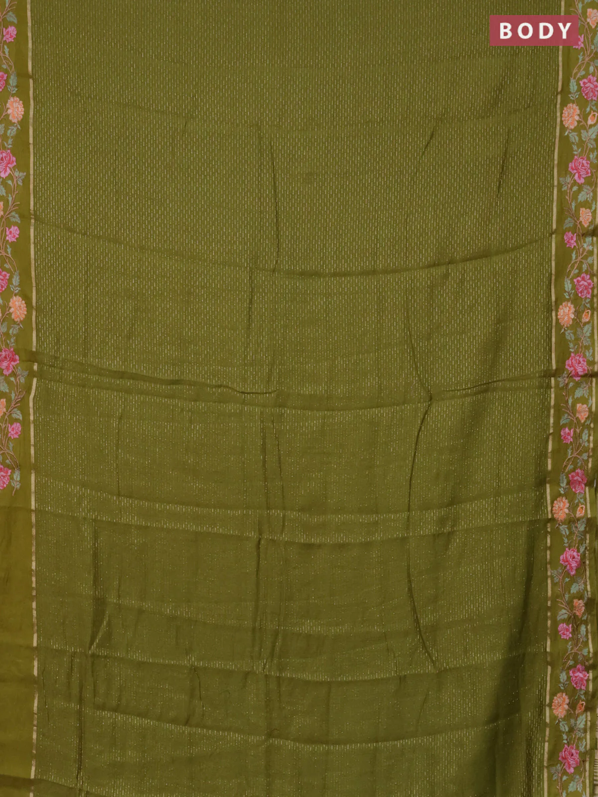 Semi chanderi saree mehendi green with allover zari weaves and floral embroidery border - Image 2