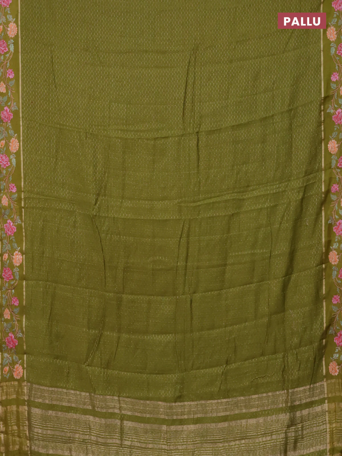 Semi chanderi saree mehendi green with allover zari weaves and floral embroidery border - Image 3