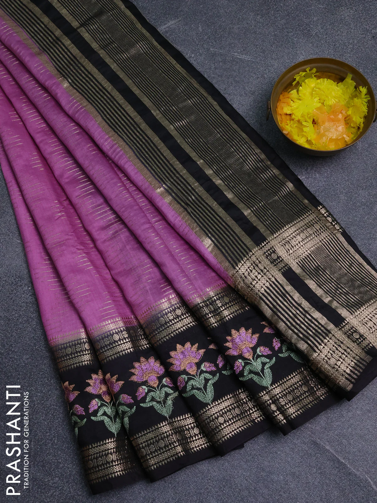 Semi chanderi saree mild lavender and black with allover zari weaves and embroidery zari border