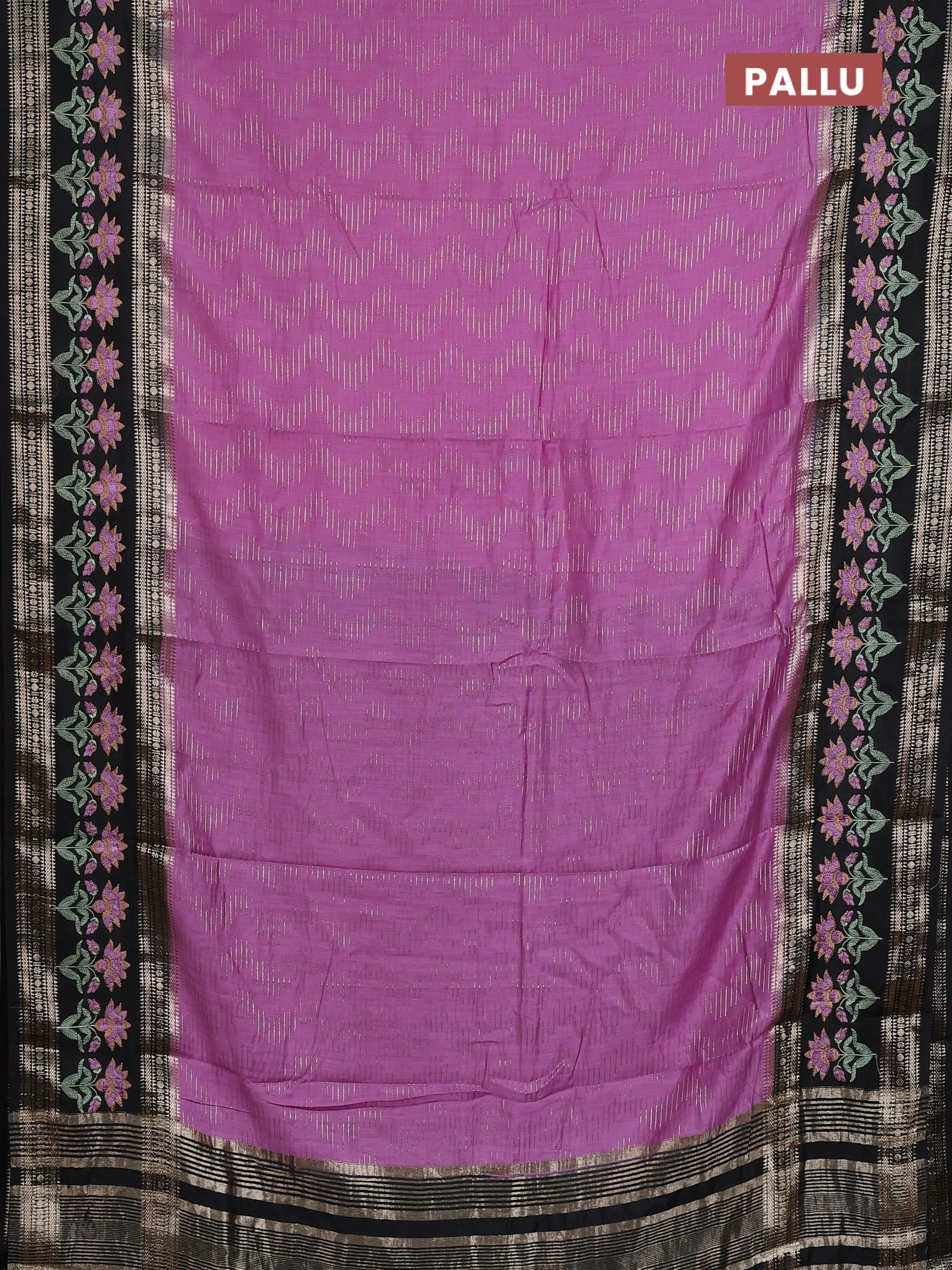 Semi chanderi saree mild lavender and black with allover zari weaves and embroidery zari border - Image 3