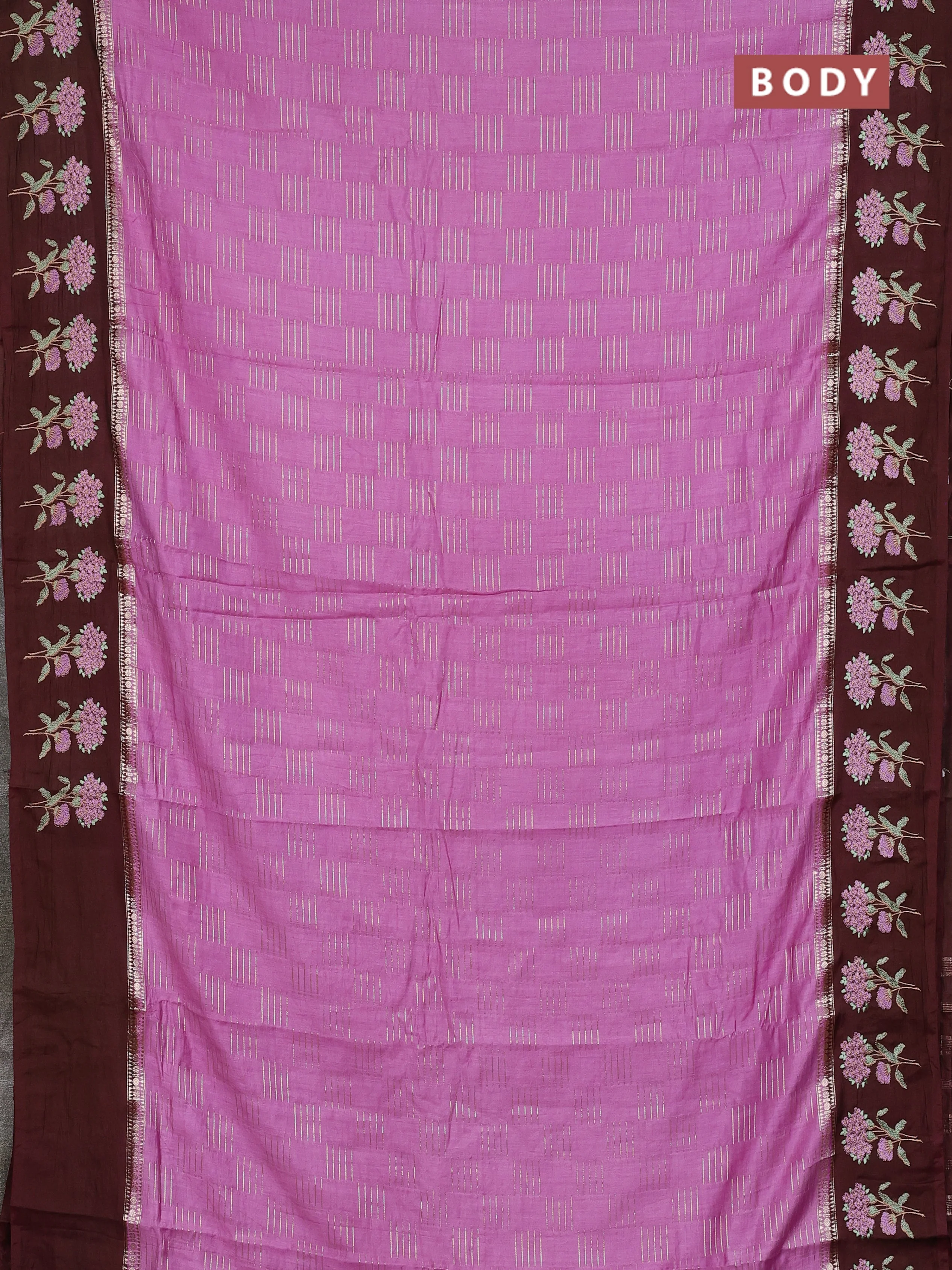 Semi chanderi saree mild lavender and deep maroon with allover zari weaves and embroidery border - Image 2
