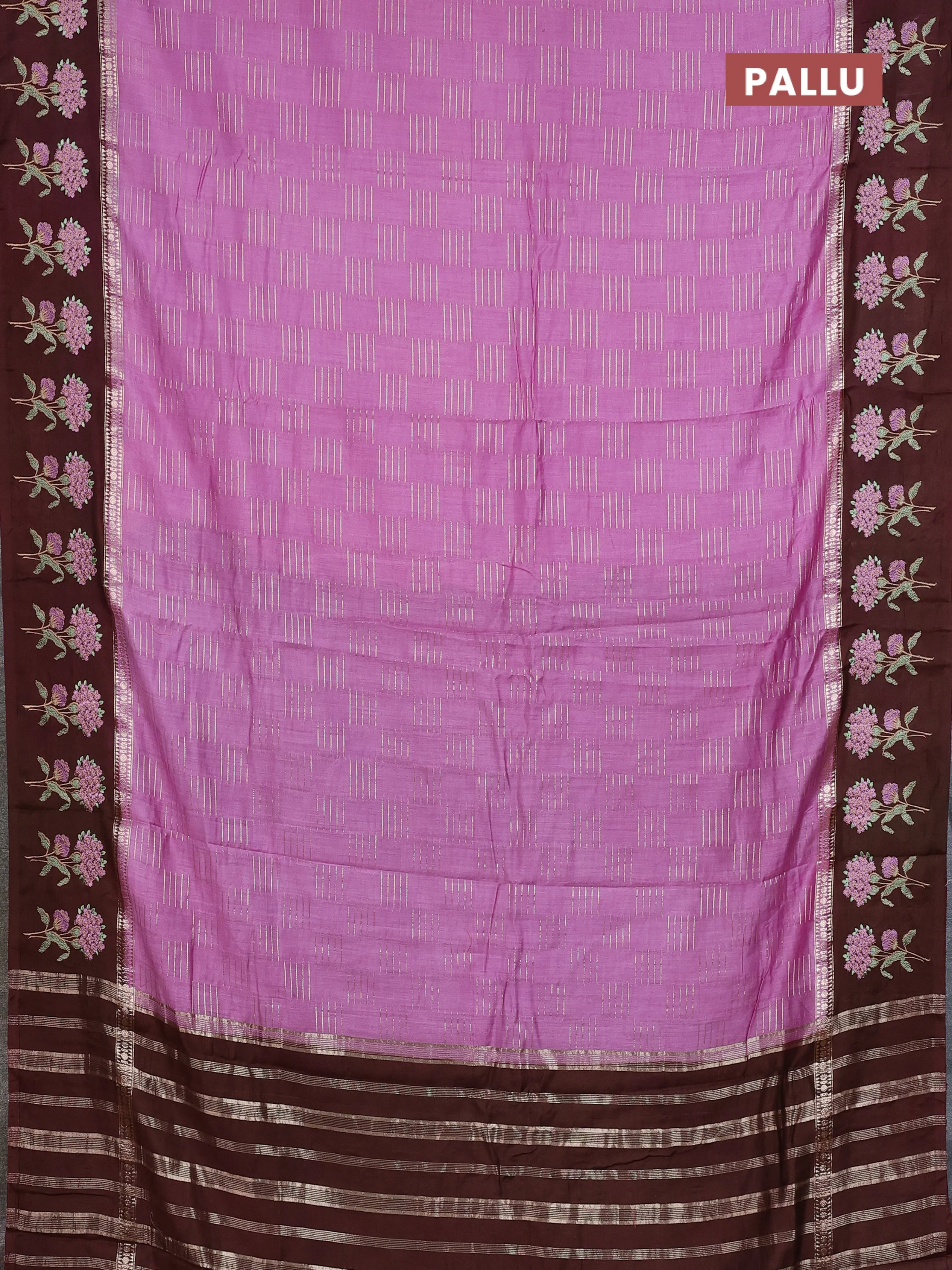Semi chanderi saree mild lavender and deep maroon with allover zari weaves and embroidery border - Image 3