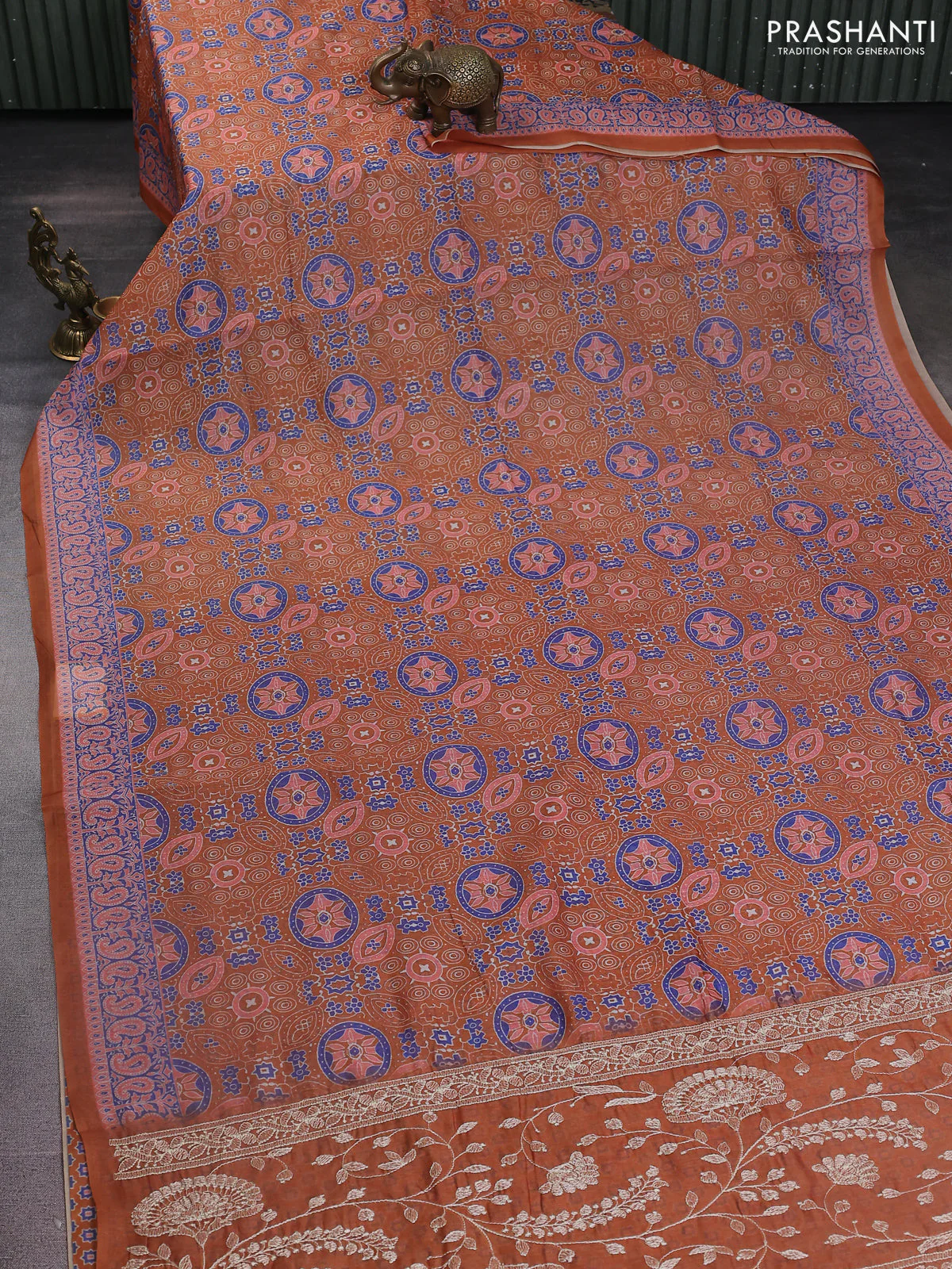 Semi chanderi saree mustard yellow with allover ajrakh prints and embroidery pallu - Image 2