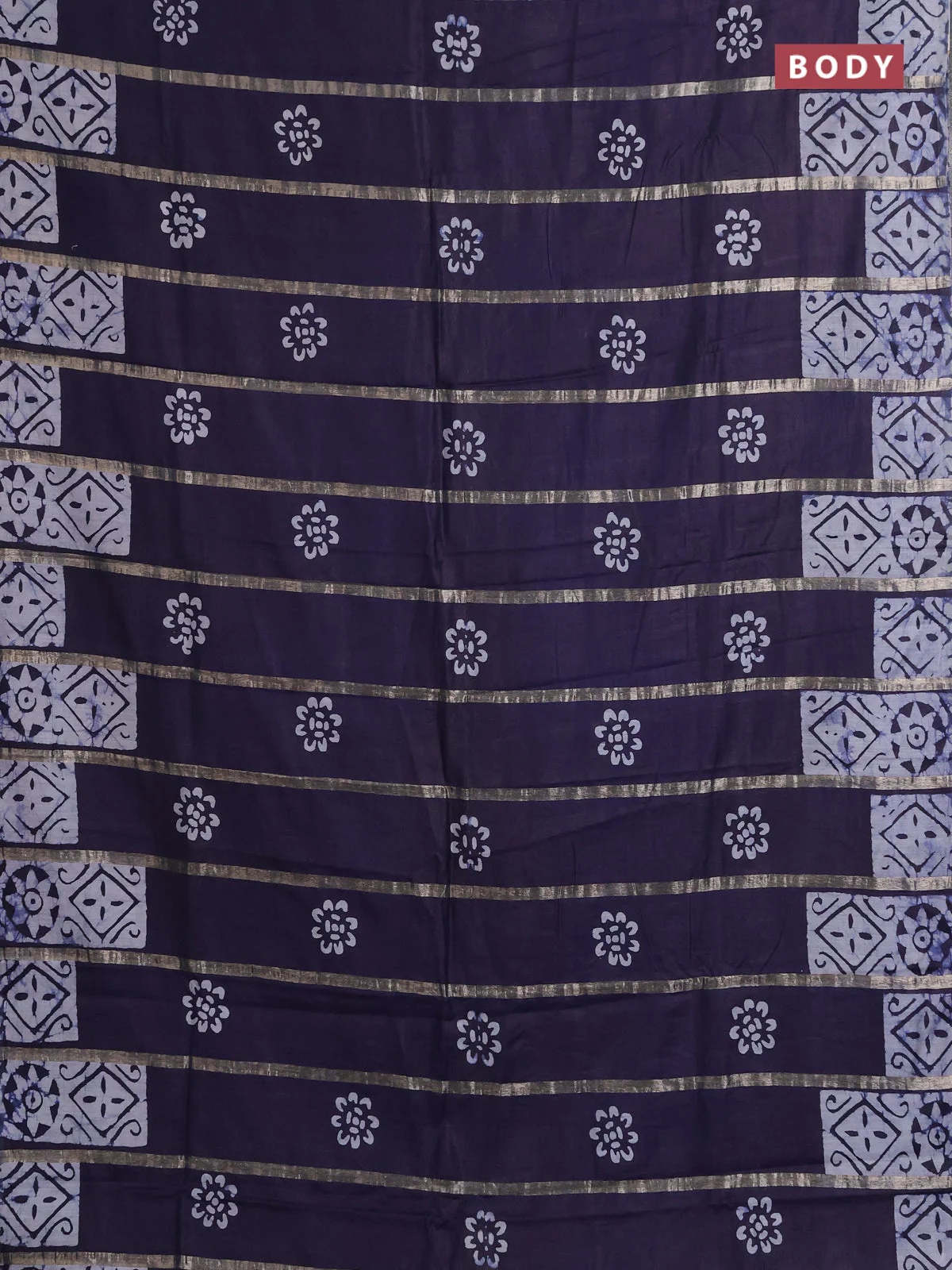 Semi chanderi saree navy blue with allover zari strips & batik butta prints in borderless style - Image 2