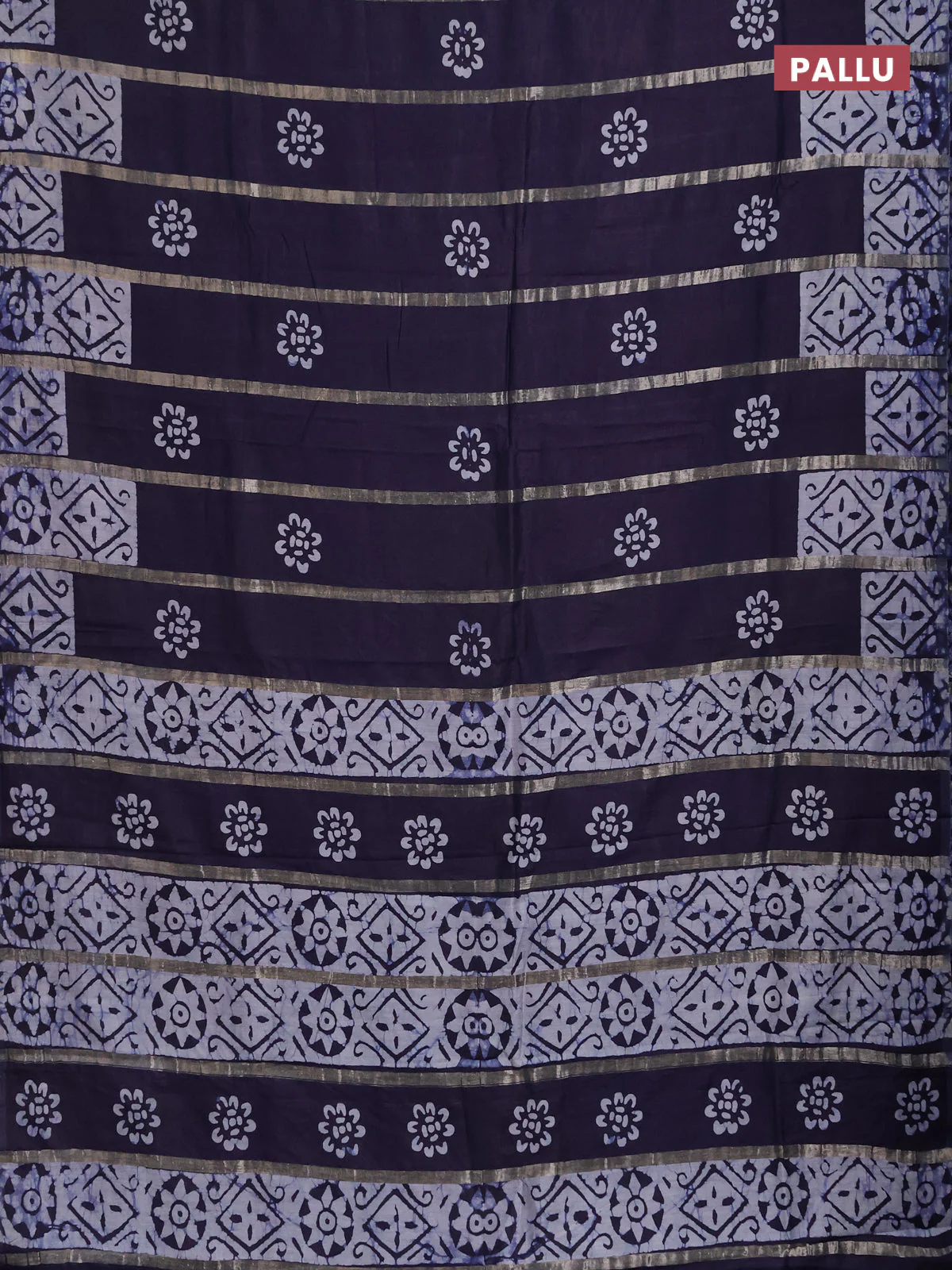 Semi chanderi saree navy blue with allover zari strips & batik butta prints in borderless style - Image 3