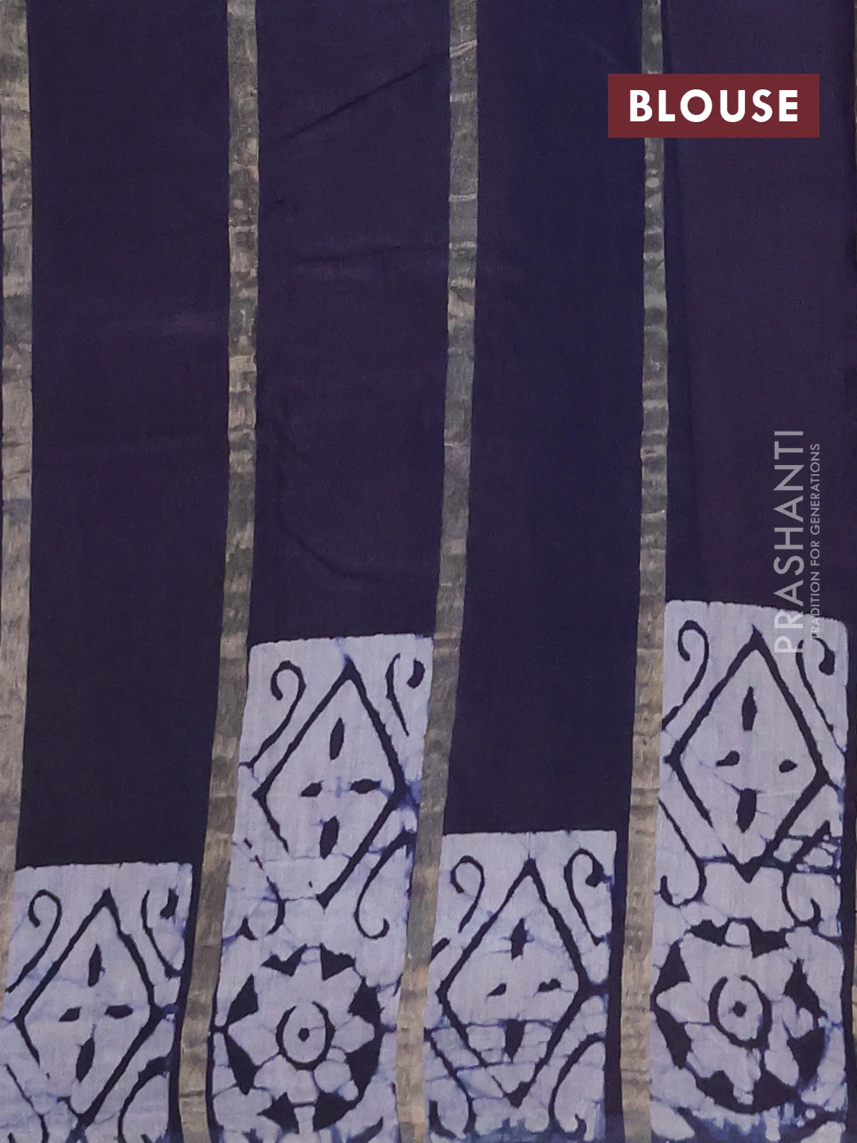 Semi chanderi saree navy blue with allover zari strips & batik butta prints in borderless style - Image 4