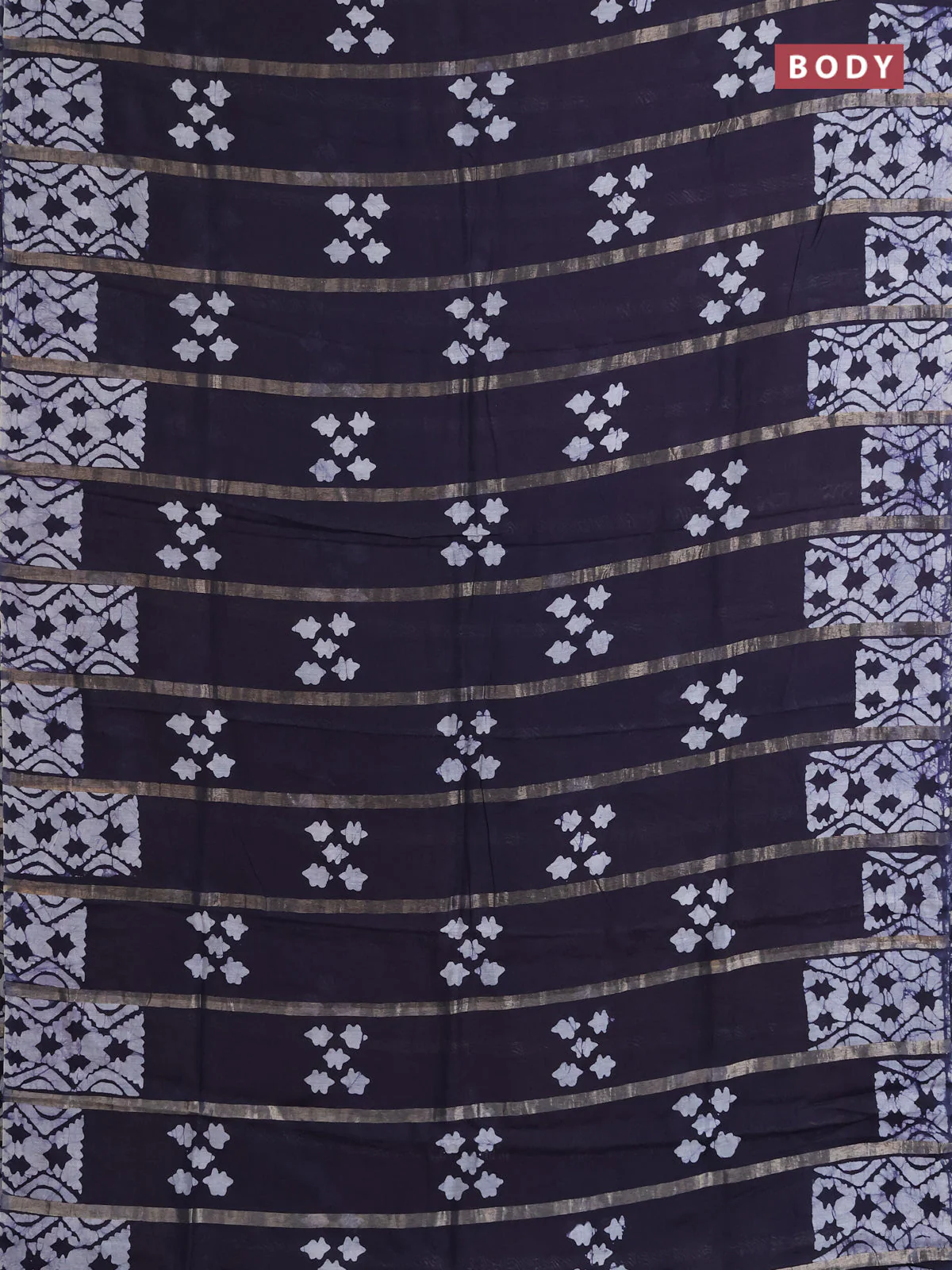 Semi chanderi saree navy blue with allover zari strips & batik butta prints in borderless style - Image 2