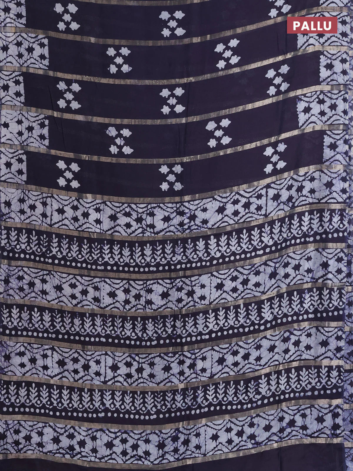 Semi chanderi saree navy blue with allover zari strips & batik butta prints in borderless style - Image 3