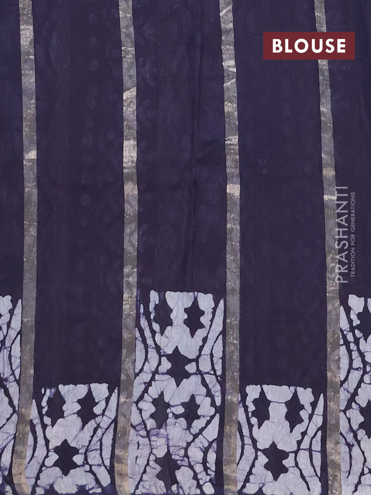 Semi chanderi saree navy blue with allover zari strips & batik butta prints in borderless style - Image 4