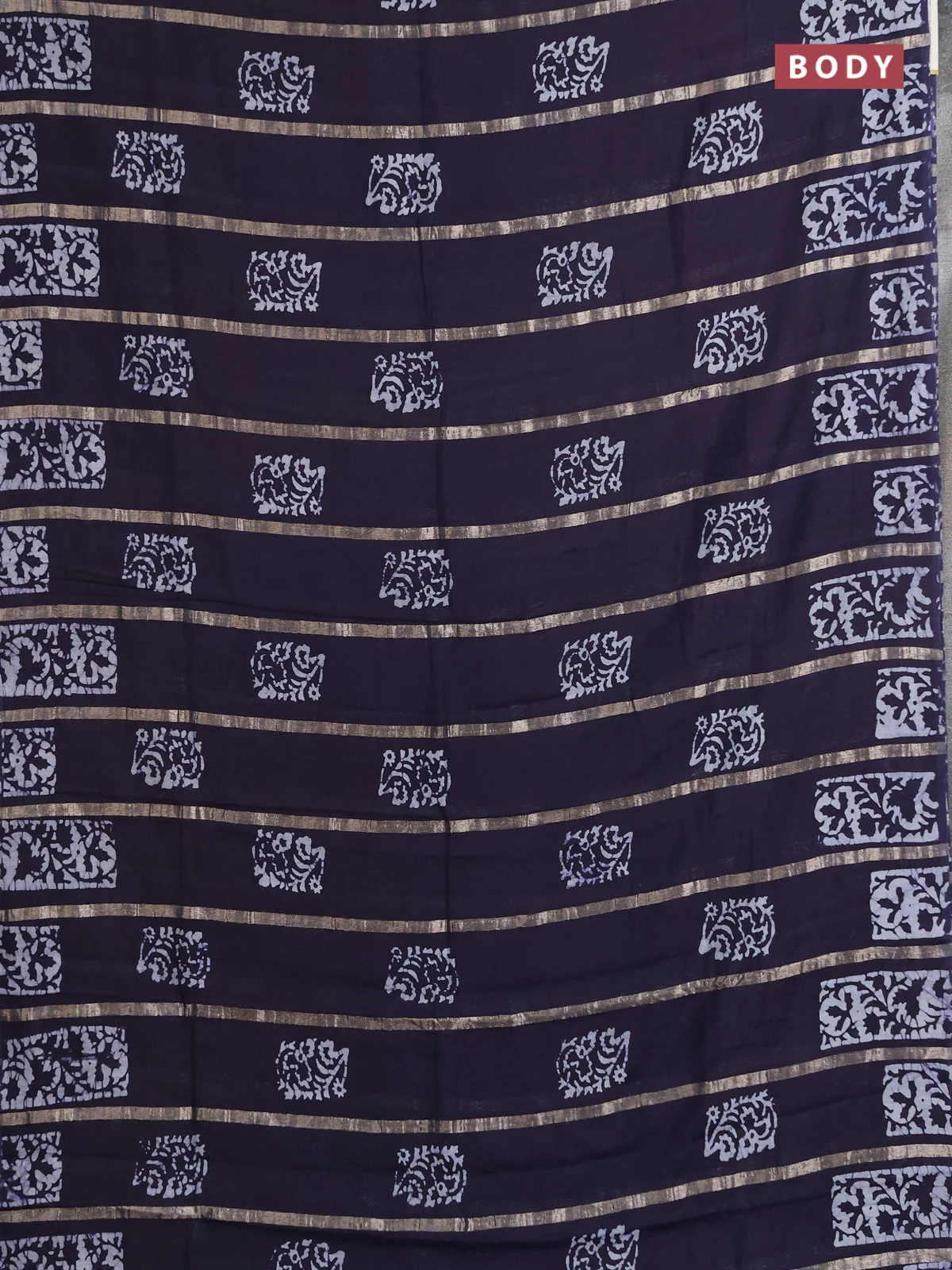 Semi chanderi saree navy blue with allover zari strips & batik butta prints in borderless style - Image 2