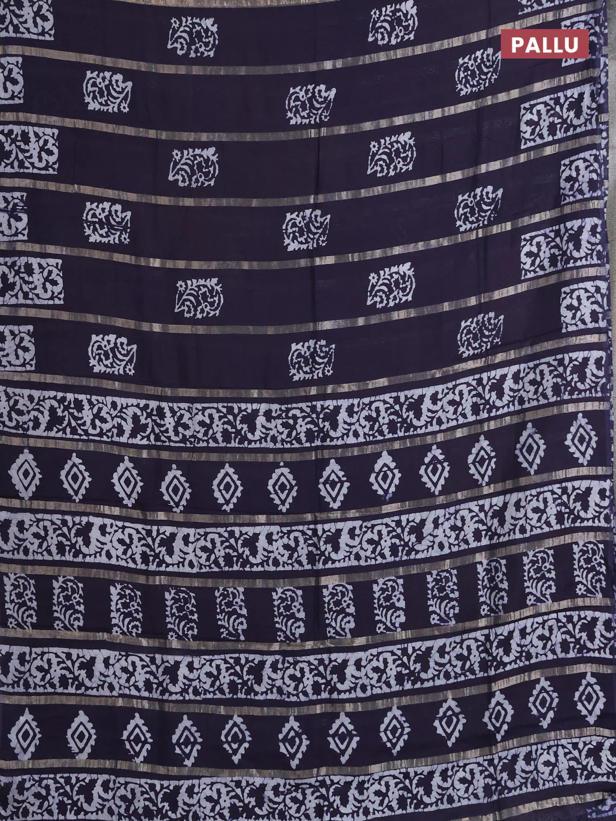 Semi chanderi saree navy blue with allover zari strips & batik butta prints in borderless style - Image 3