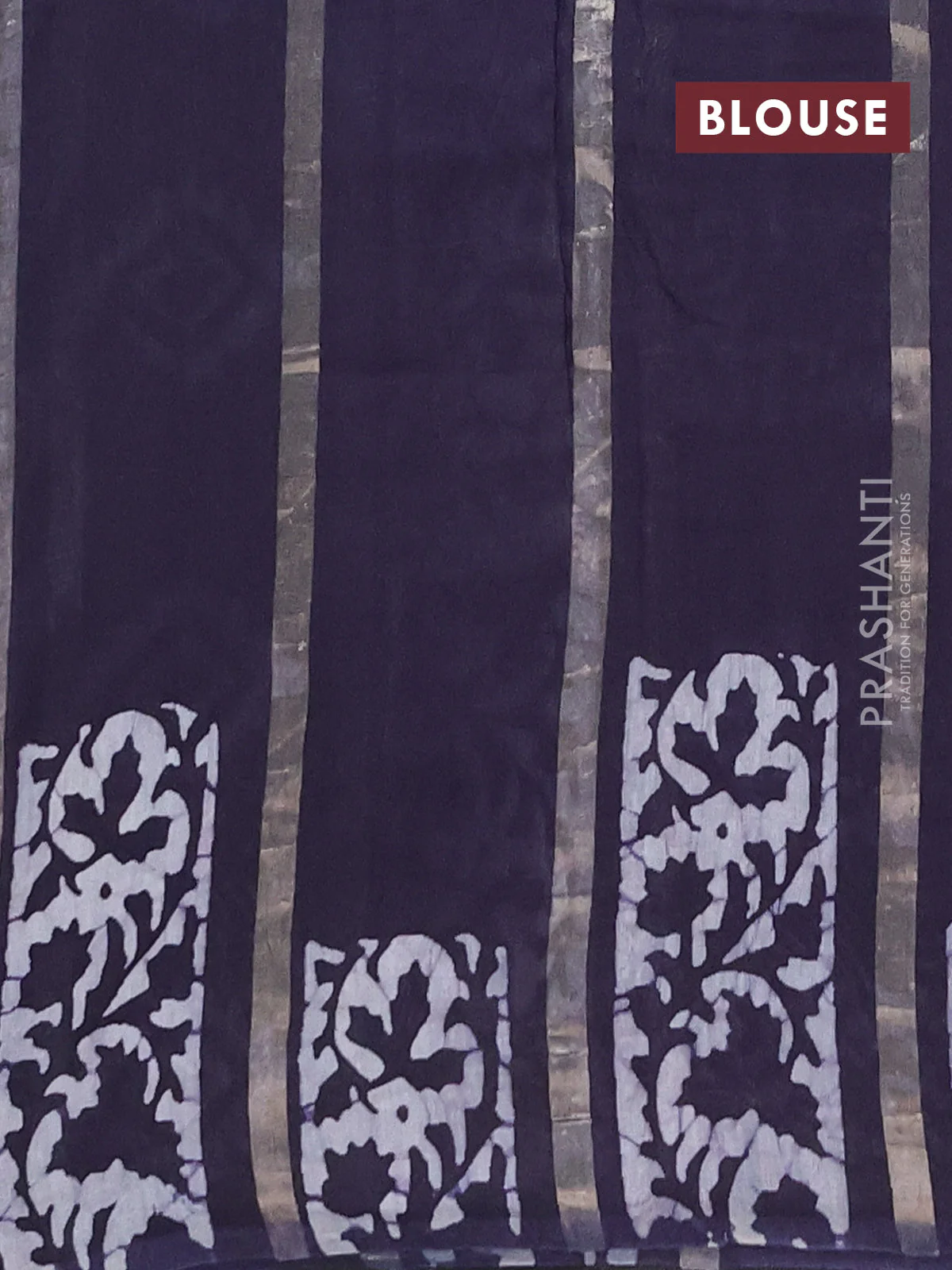 Semi chanderi saree navy blue with allover zari strips & batik butta prints in borderless style - Image 4
