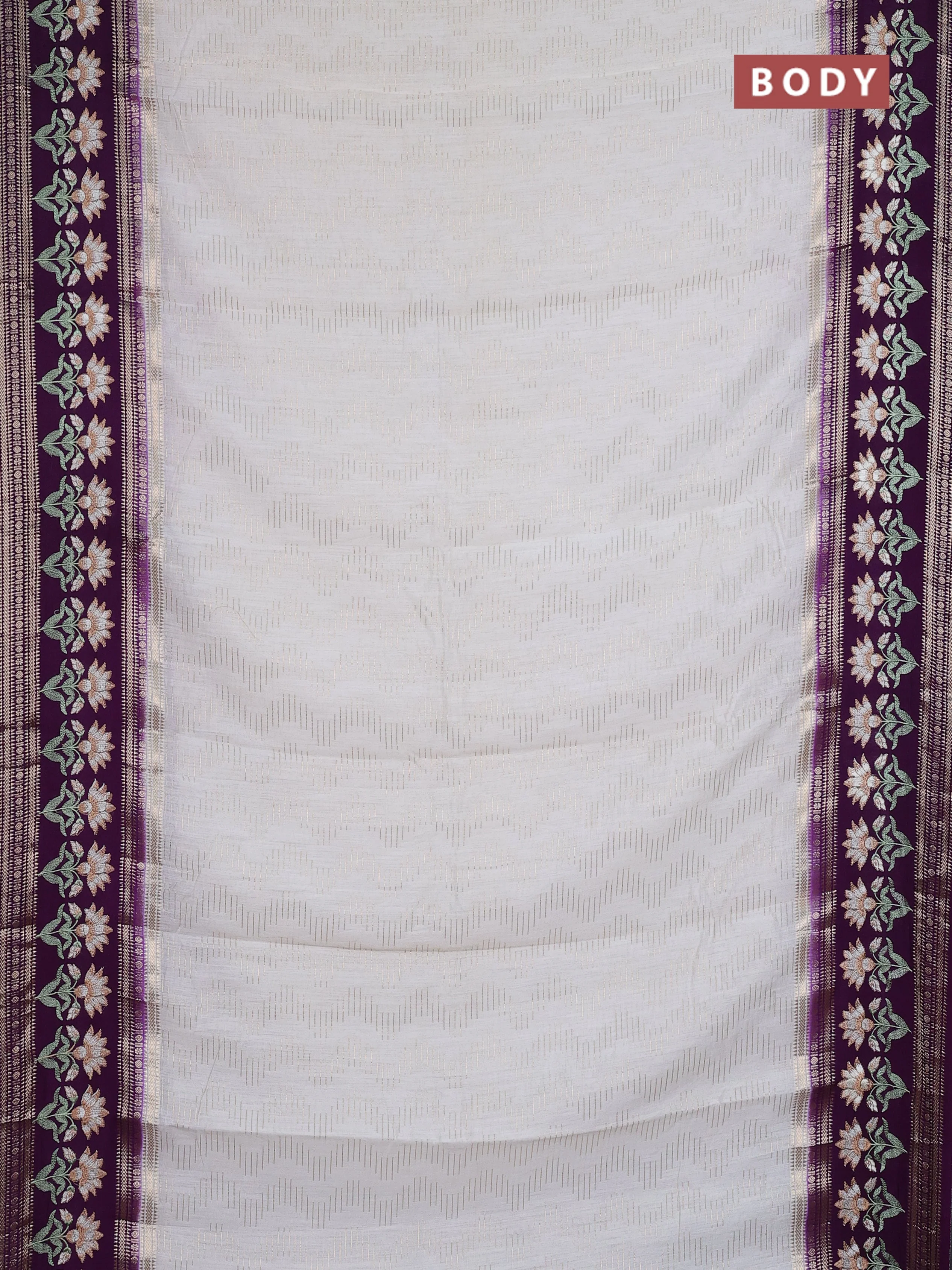 Semi chanderi saree off white and purple with allover zari weaves and embroidery zari border - Image 2