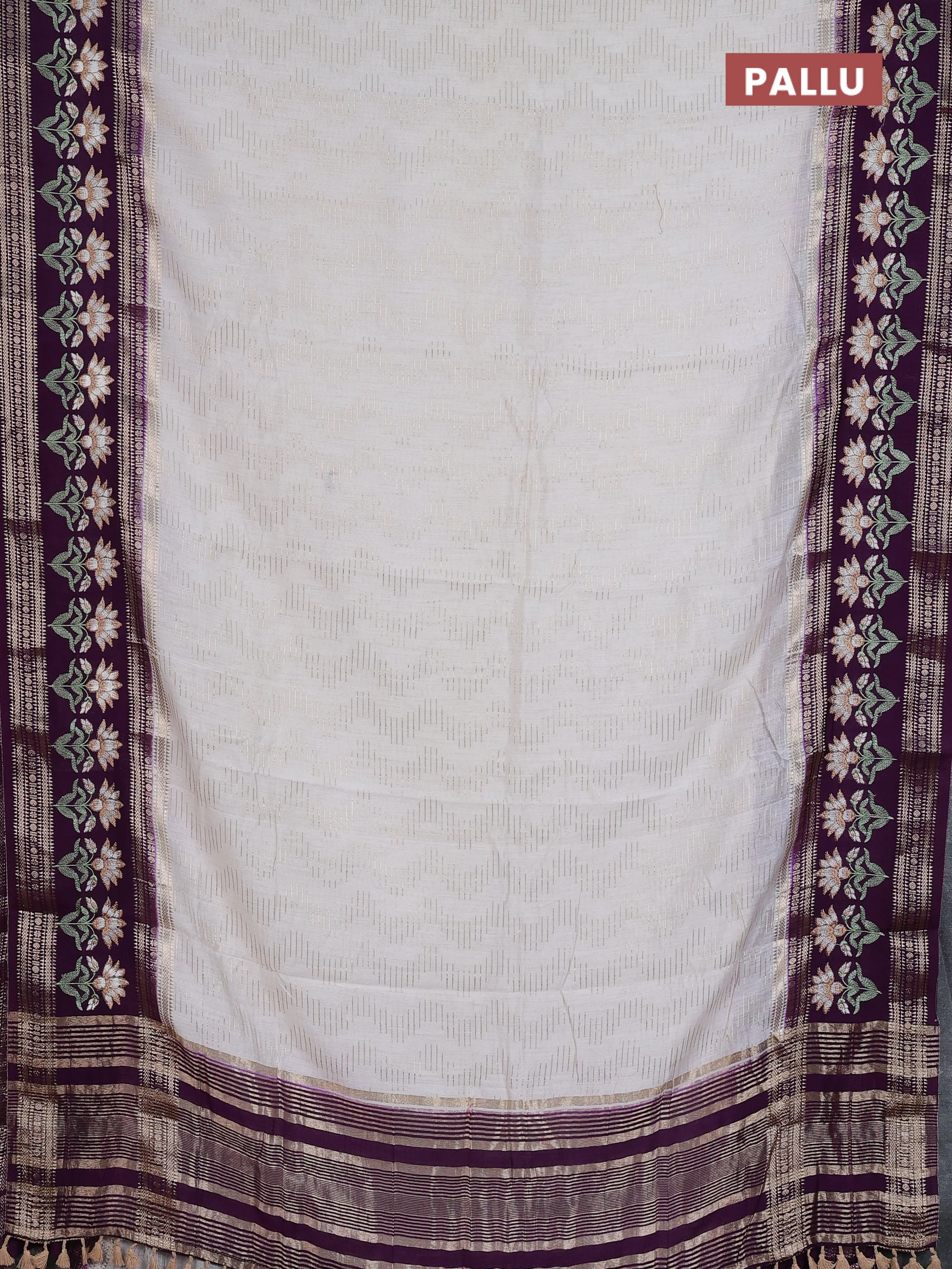 Semi chanderi saree off white and purple with allover zari weaves and embroidery zari border - Image 3