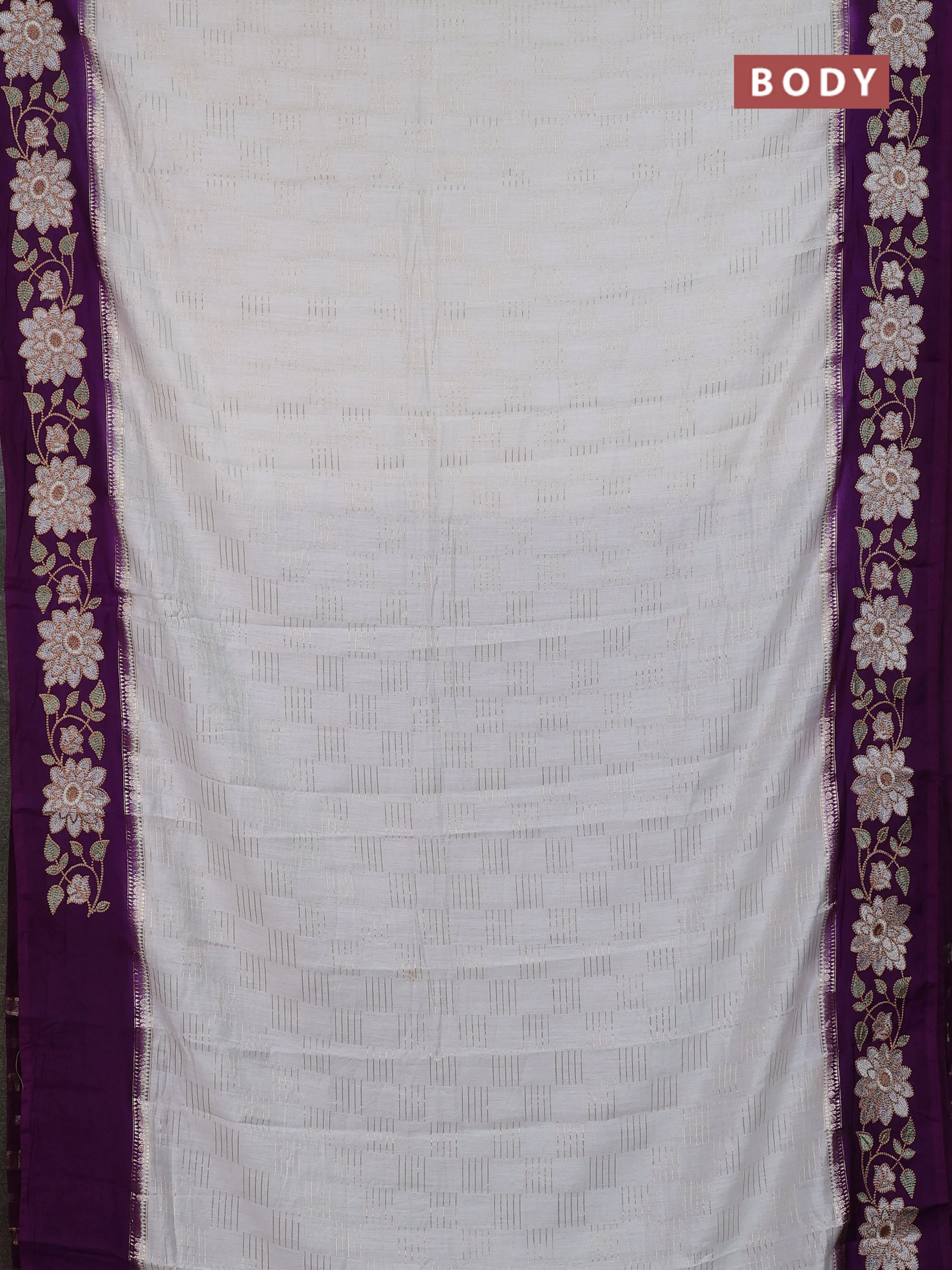 Semi chanderi saree off white and violet with allover zari weaves and embroidery border - Image 2