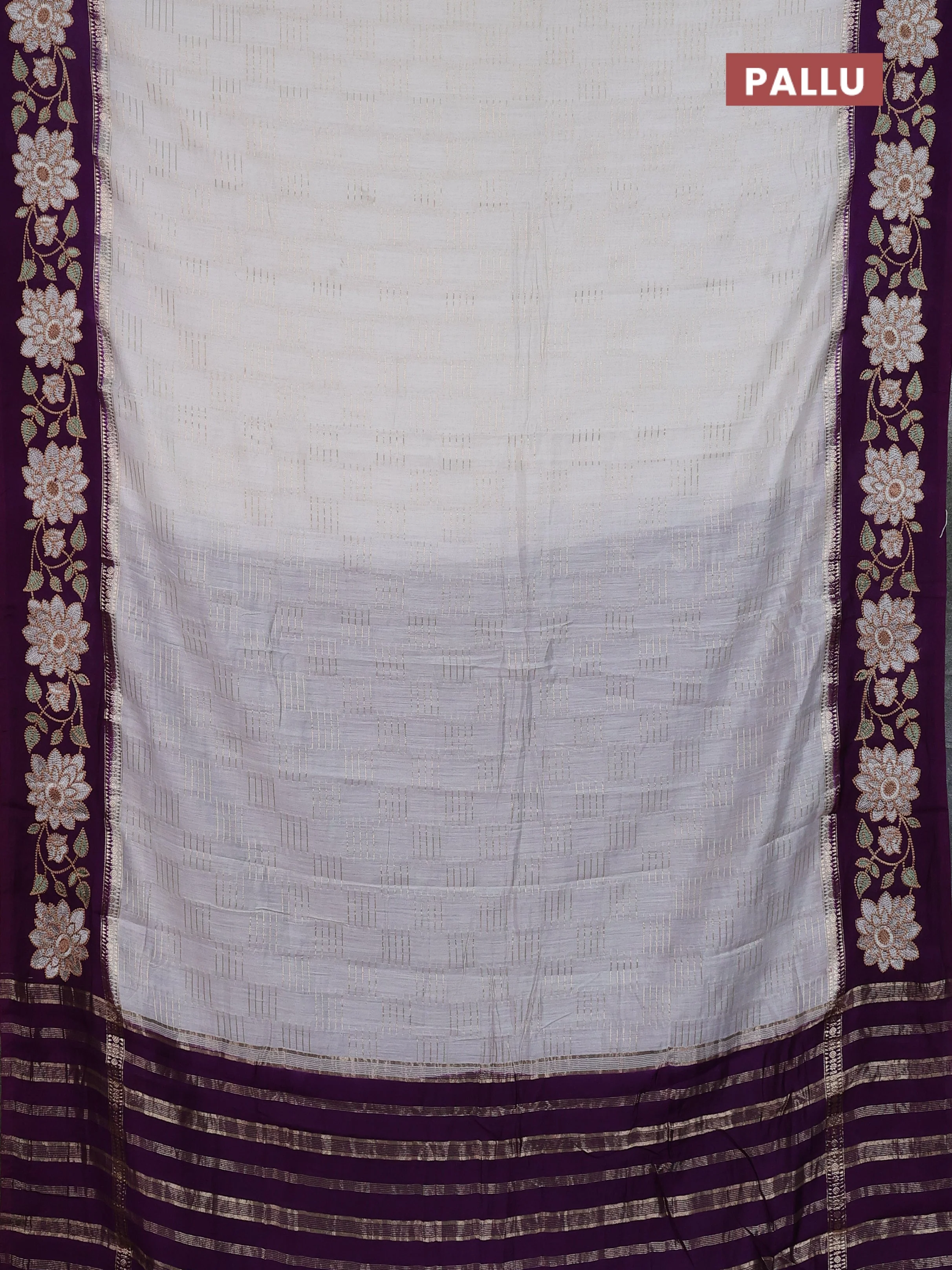 Semi chanderi saree off white and violet with allover zari weaves and embroidery border - Image 3