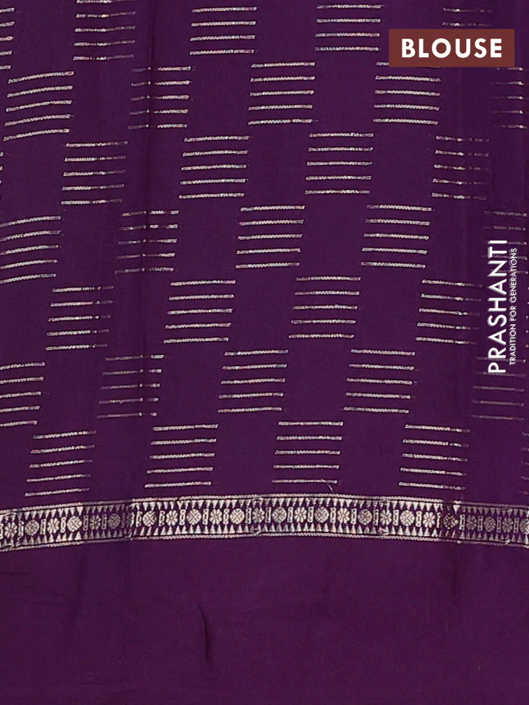 Semi chanderi saree off white and violet with allover zari weaves and embroidery border - Image 4