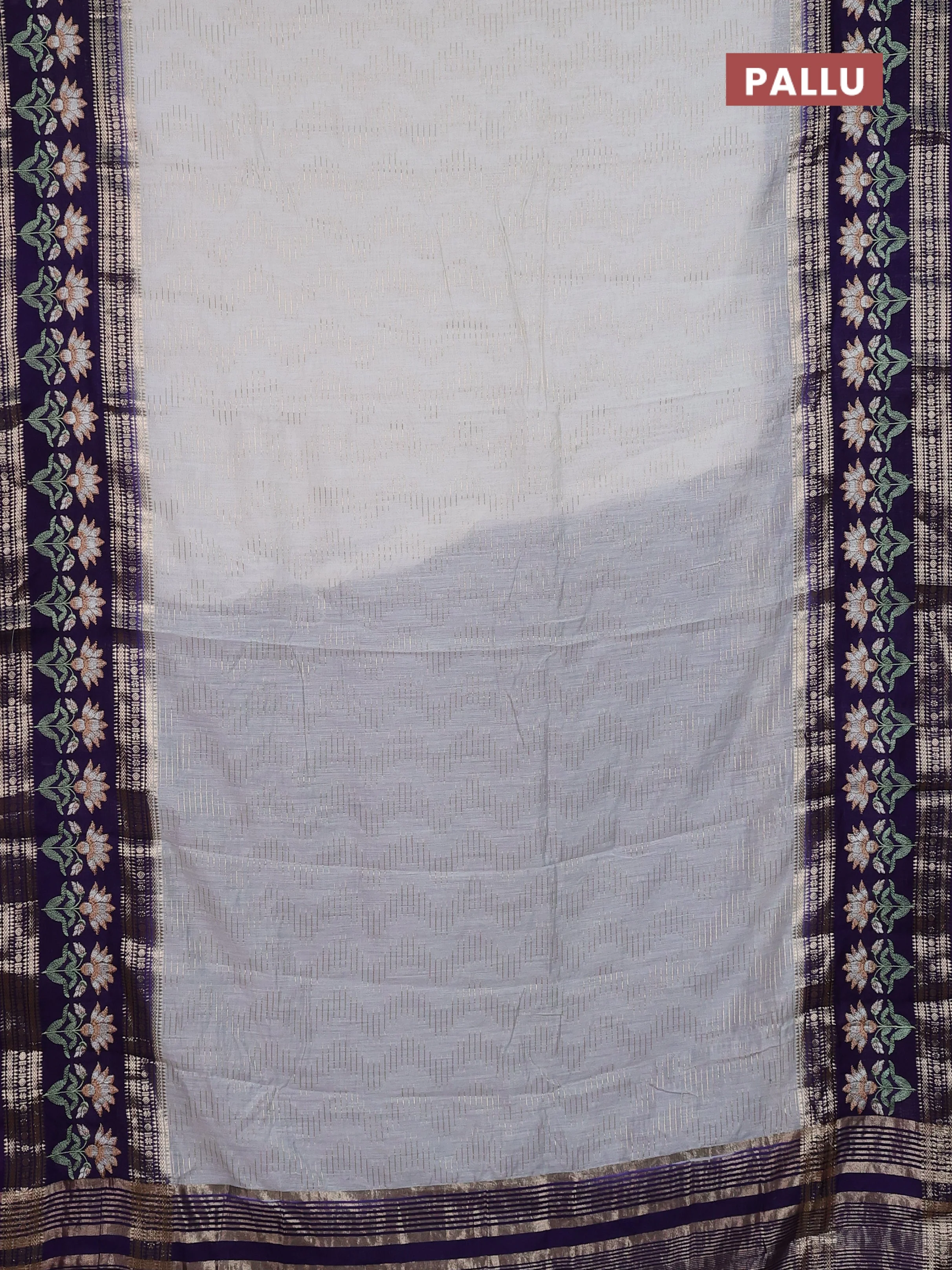 Semi chanderi saree off white and violet with allover zari weaves and embroidery zari border - Image 3