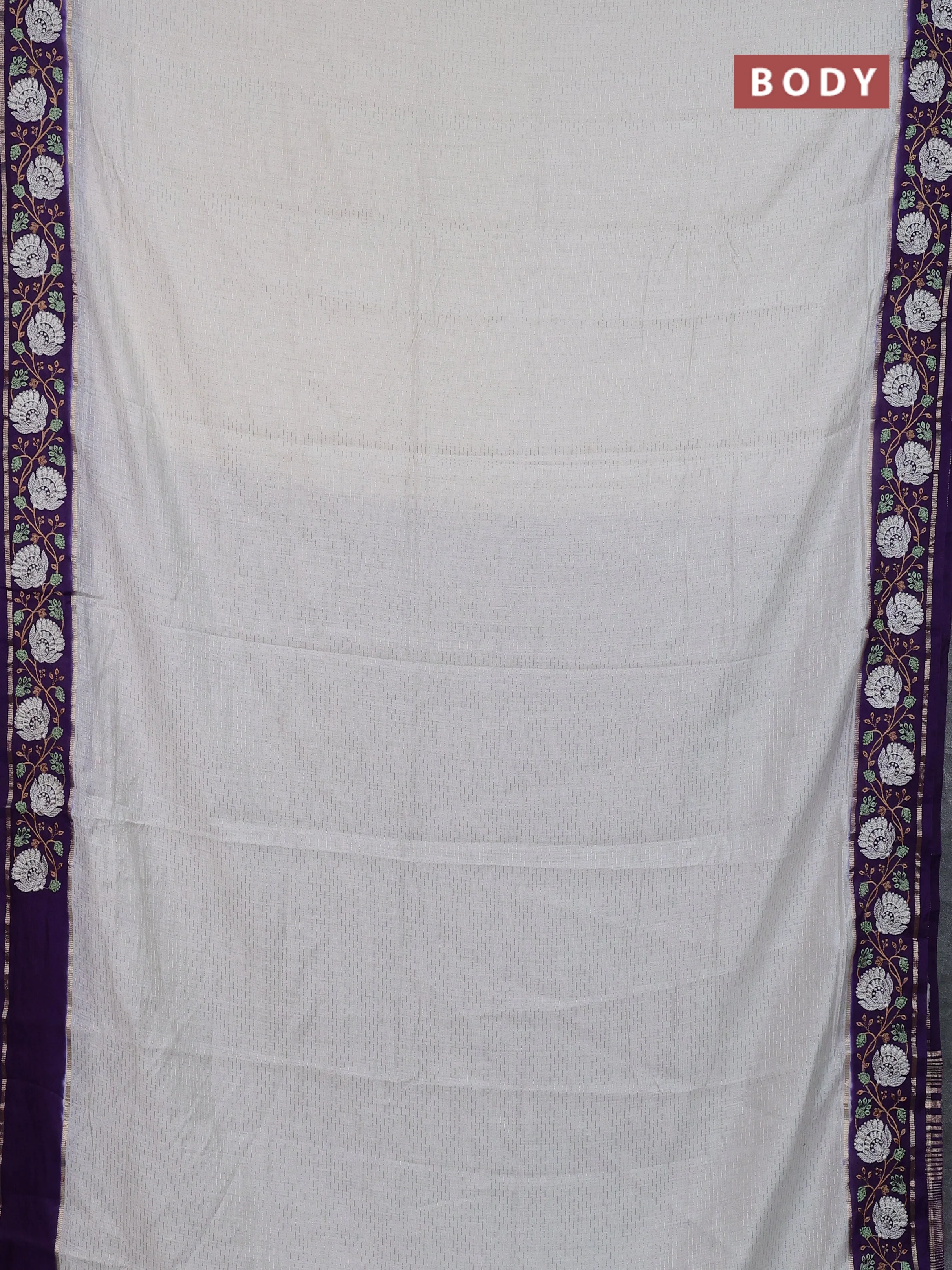Semi chanderi saree off white and violet with allover zari weaves and embroidery zari border - Image 2