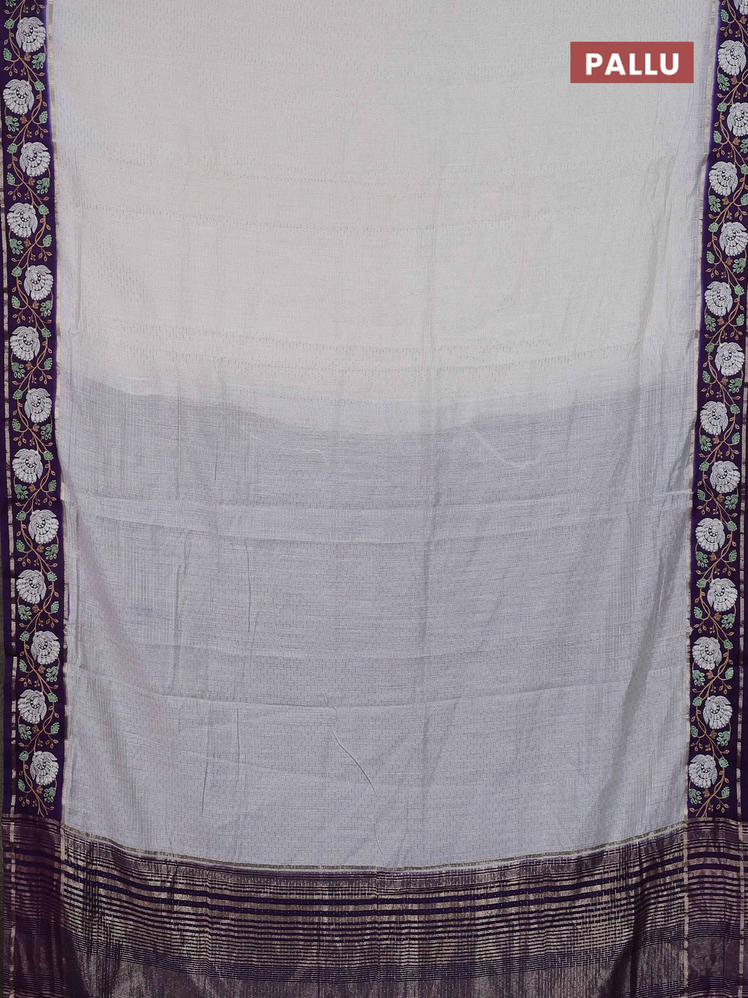 Semi chanderi saree off white and violet with allover zari weaves and embroidery zari border - Image 3