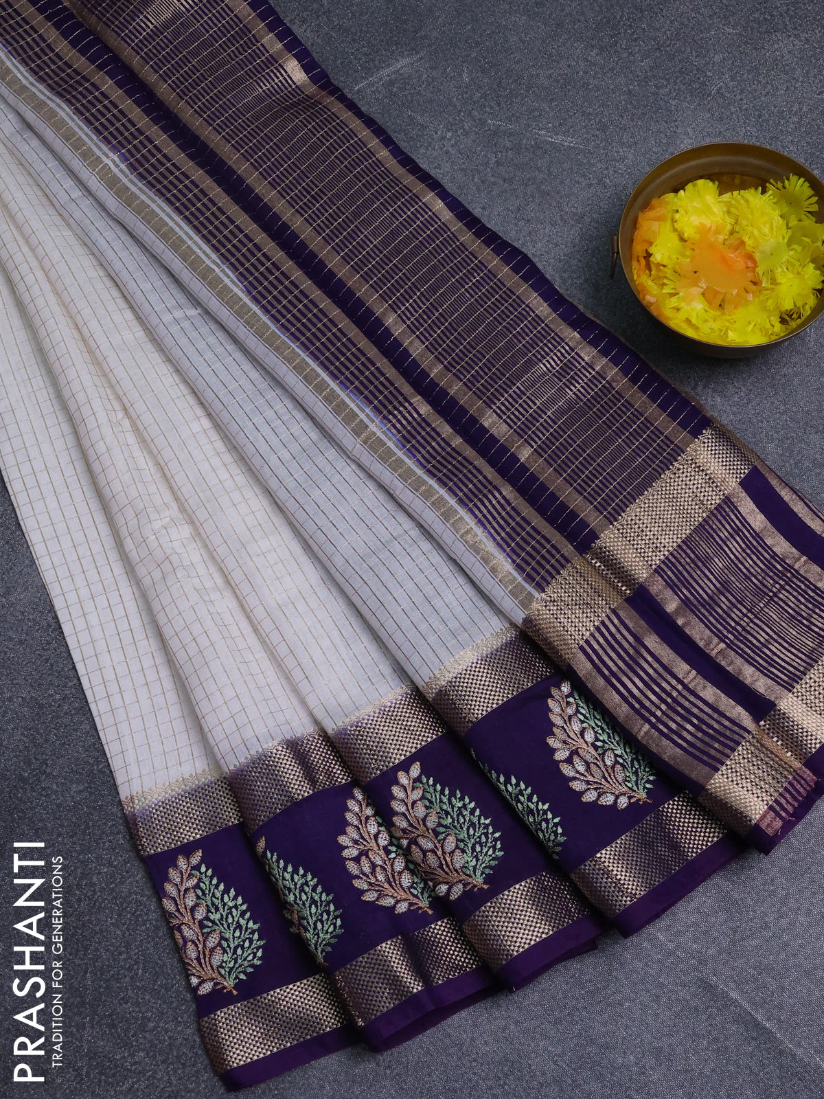 Semi chanderi saree off white and violet with allover zari woven checked pattern and embroidery zari border