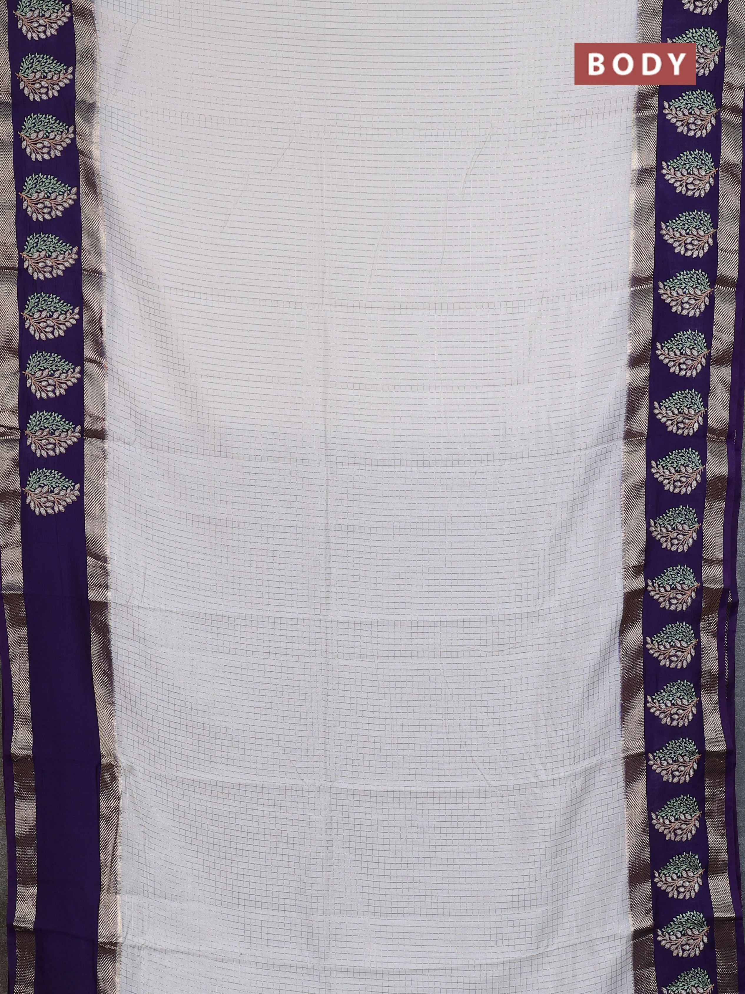 Semi chanderi saree off white and violet with allover zari woven checked pattern and embroidery zari border - Image 2