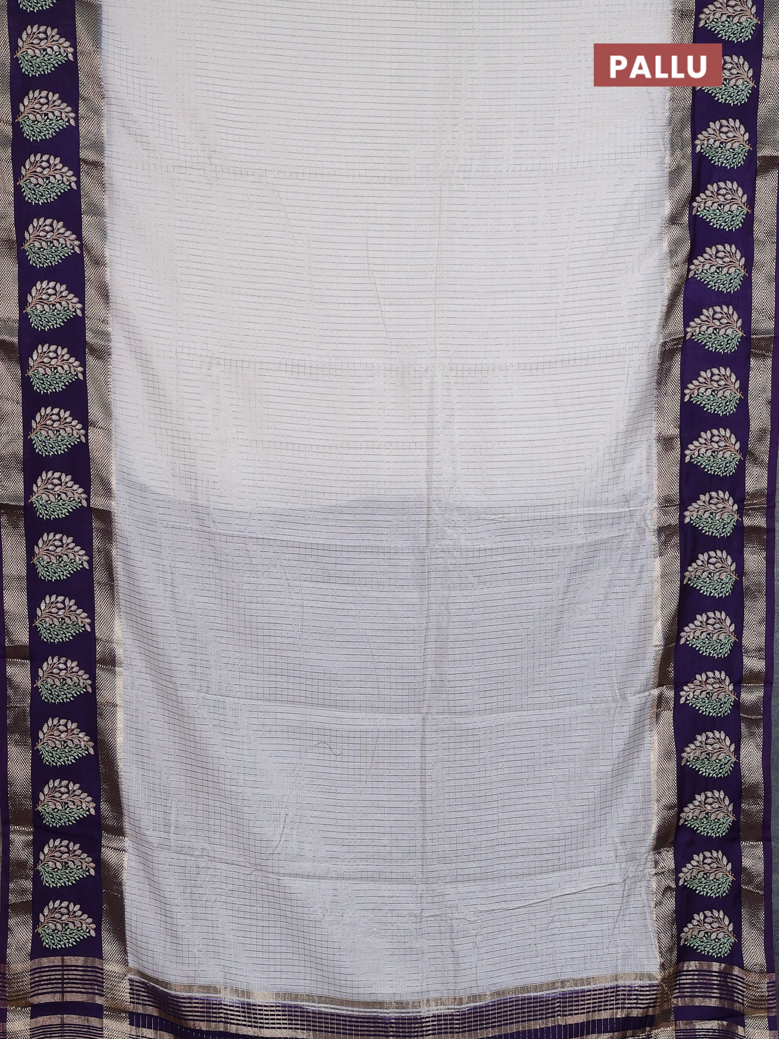 Semi chanderi saree off white and violet with allover zari woven checked pattern and embroidery zari border - Image 3