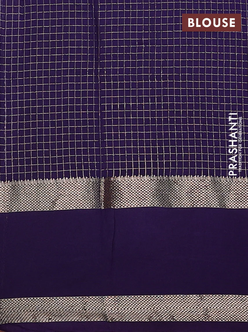 Semi chanderi saree off white and violet with allover zari woven checked pattern and embroidery zari border - Image 4