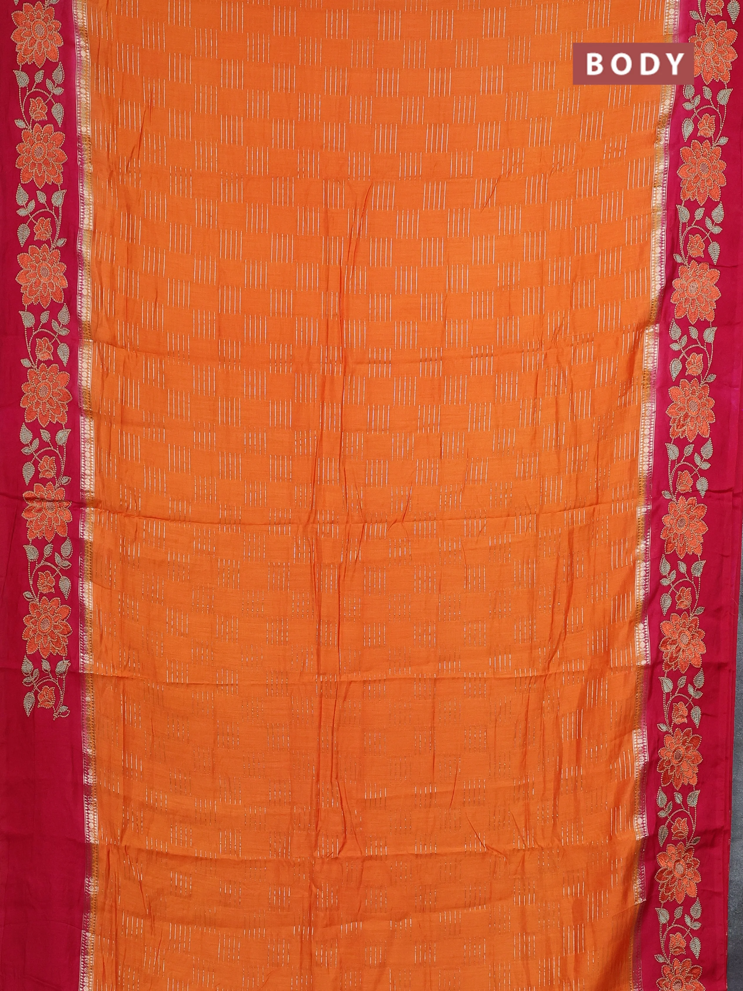 Semi chanderi saree orange and pink with allover zari weaves and embroidery border - Image 2