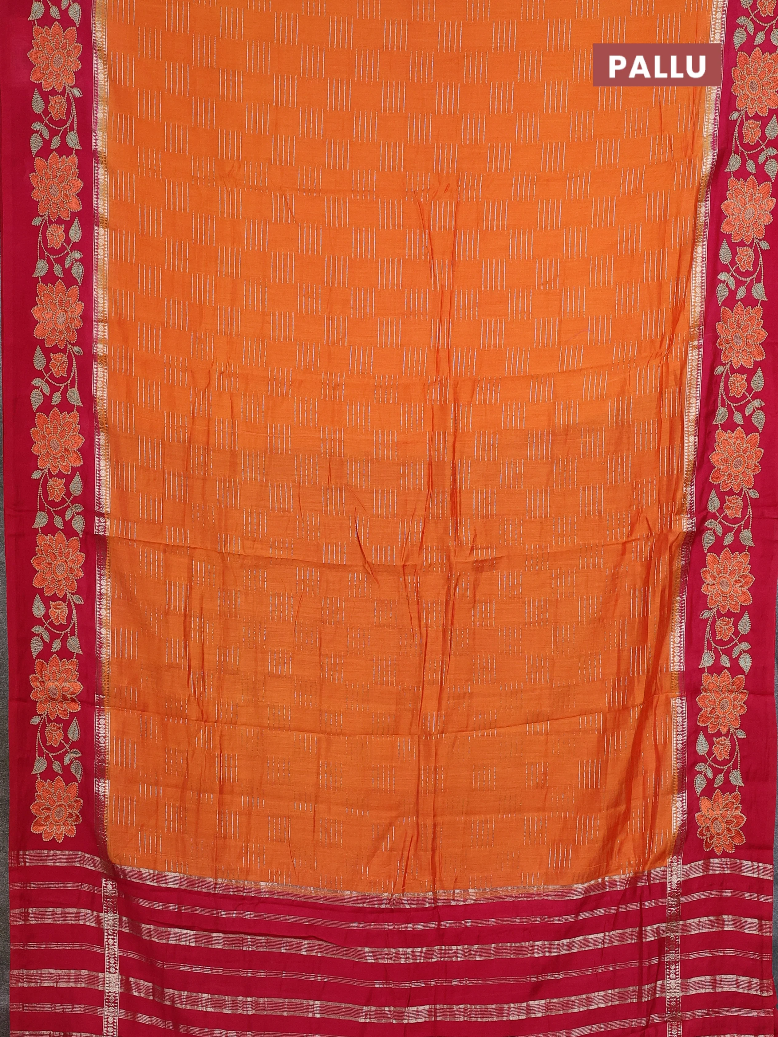 Semi chanderi saree orange and pink with allover zari weaves and embroidery border - Image 3