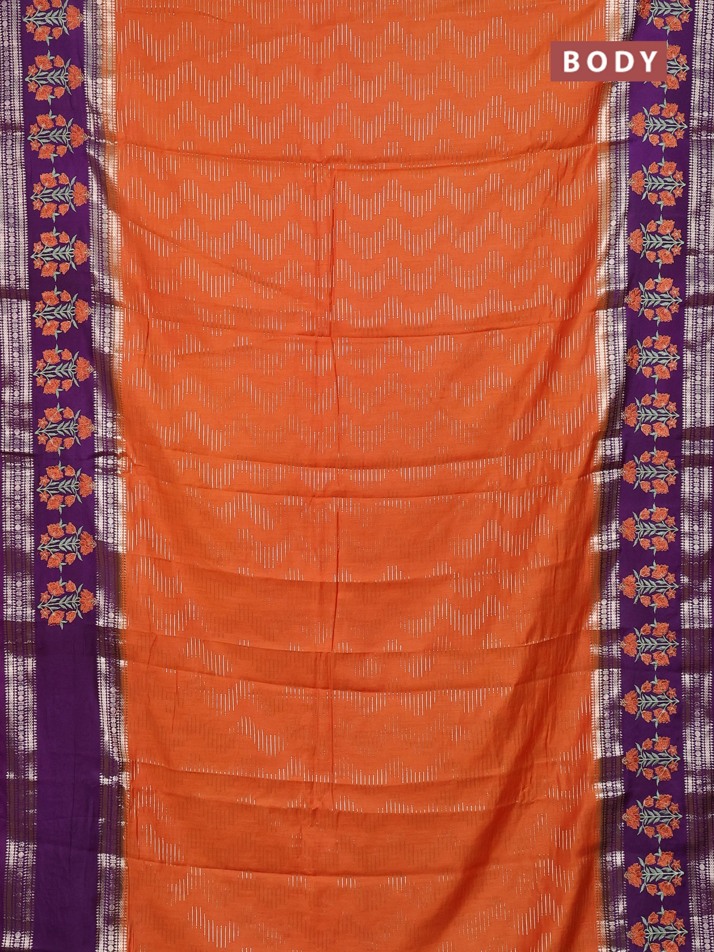 Semi chanderi saree orange and purple with allover zari weaves and embroidery zari border - Image 2
