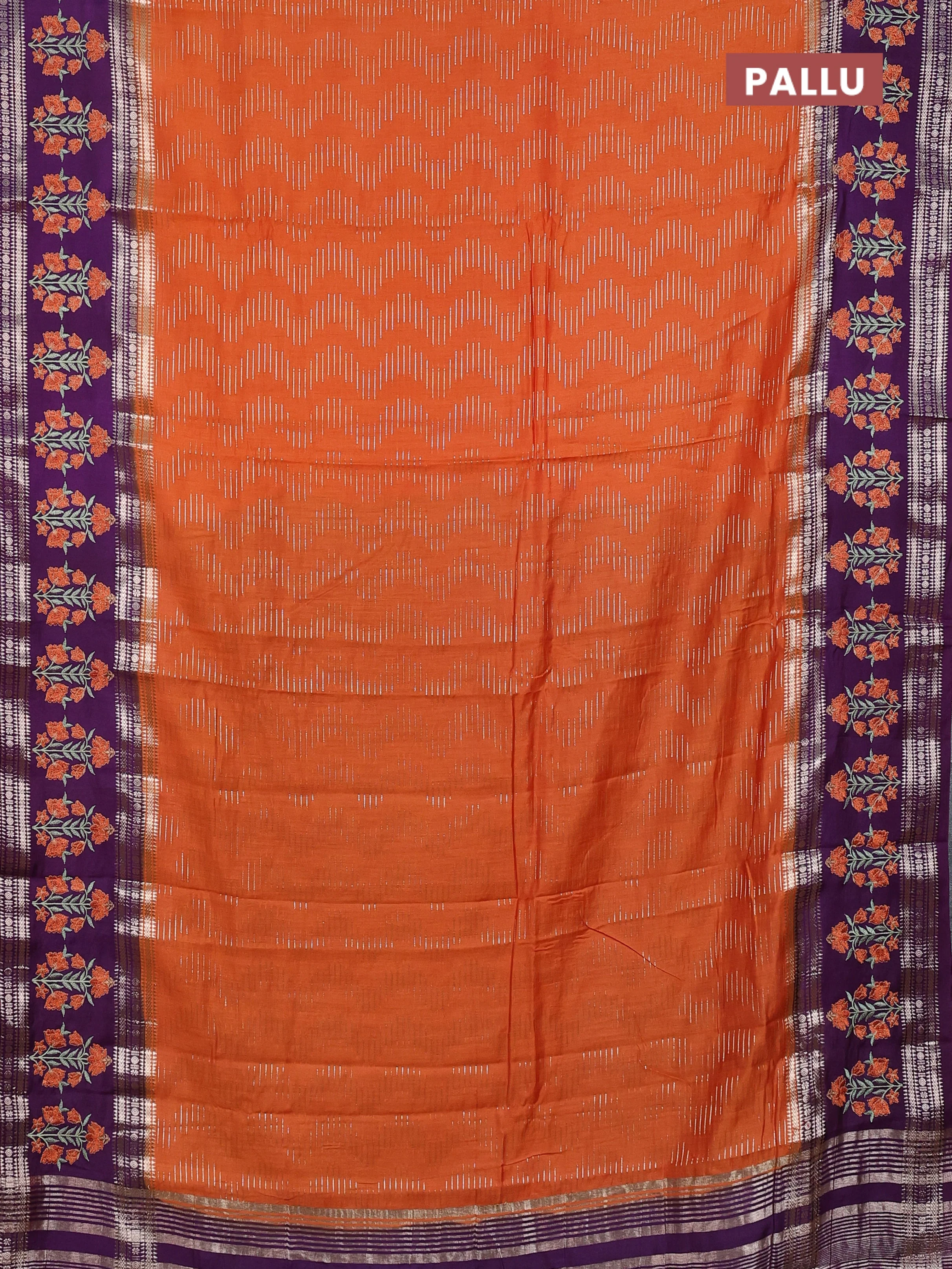 Semi chanderi saree orange and purple with allover zari weaves and embroidery zari border - Image 3
