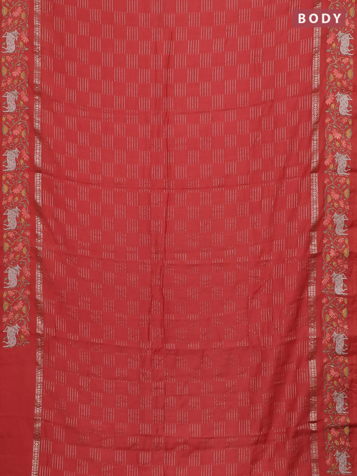 Semi chanderi saree orange with allover zari woven geometric weaves and pichwai embroidery border - Image 2