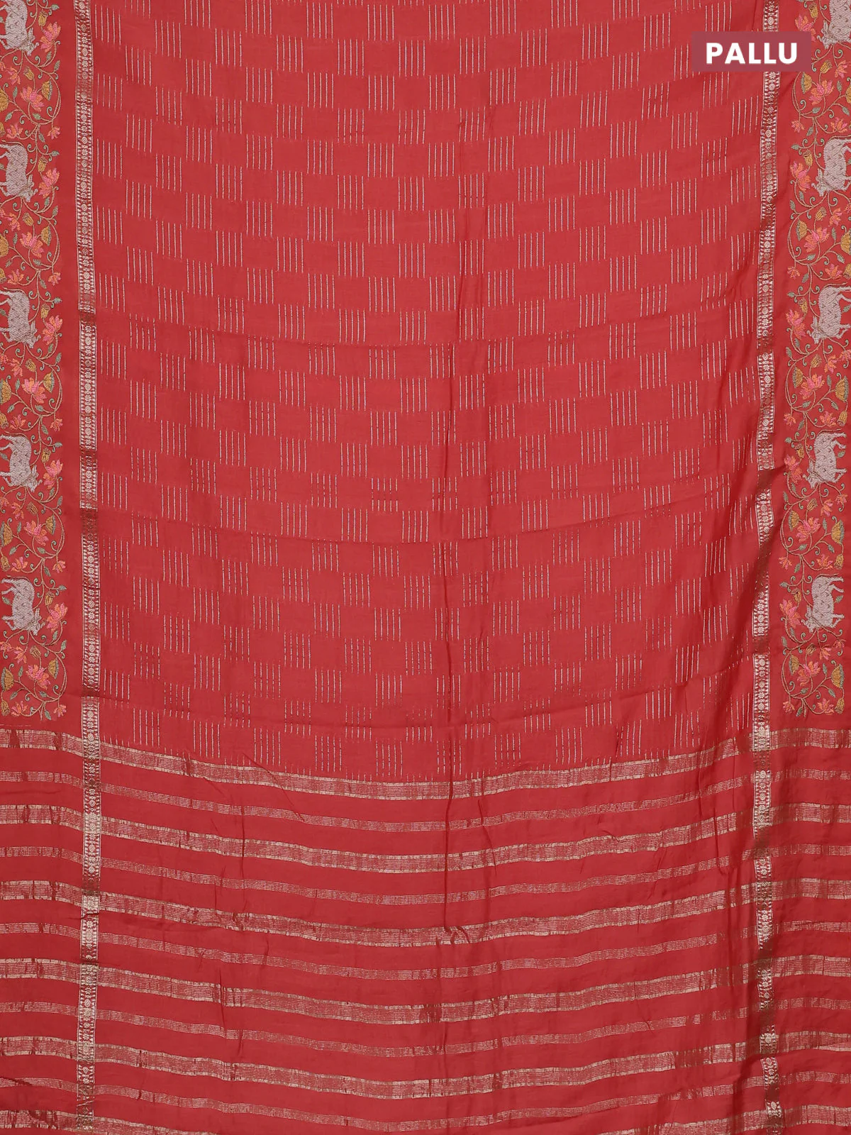 Semi chanderi saree orange with allover zari woven geometric weaves and pichwai embroidery border - Image 3