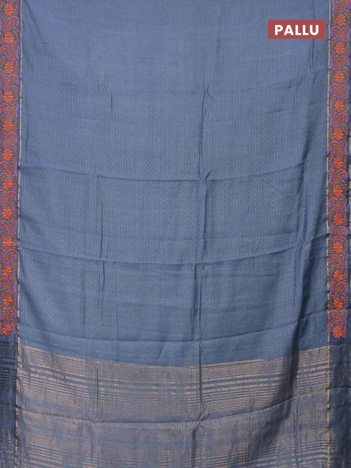 Semi chanderi saree pastel blue with allover zari woven stripes pattern and embroidery border - Image 3