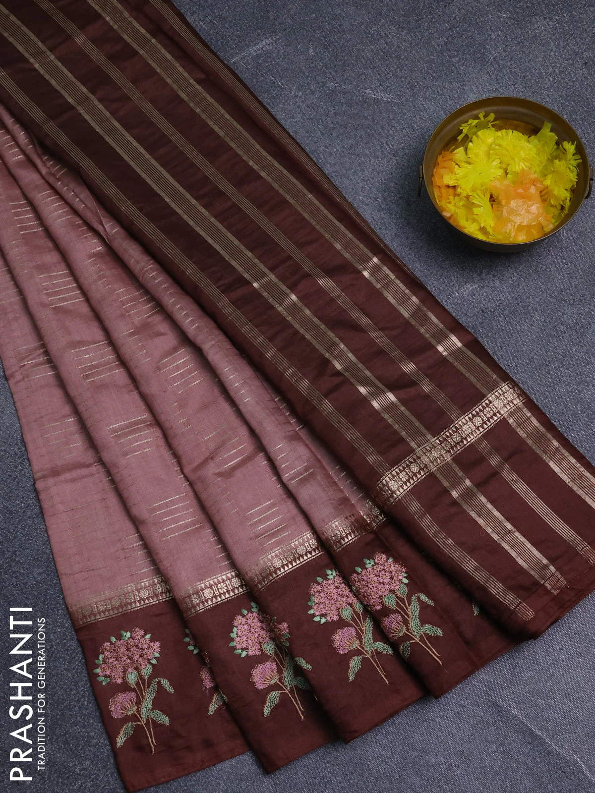 Semi chanderi saree pastel brown and coffee brown with allover zari weaves and embroidery border