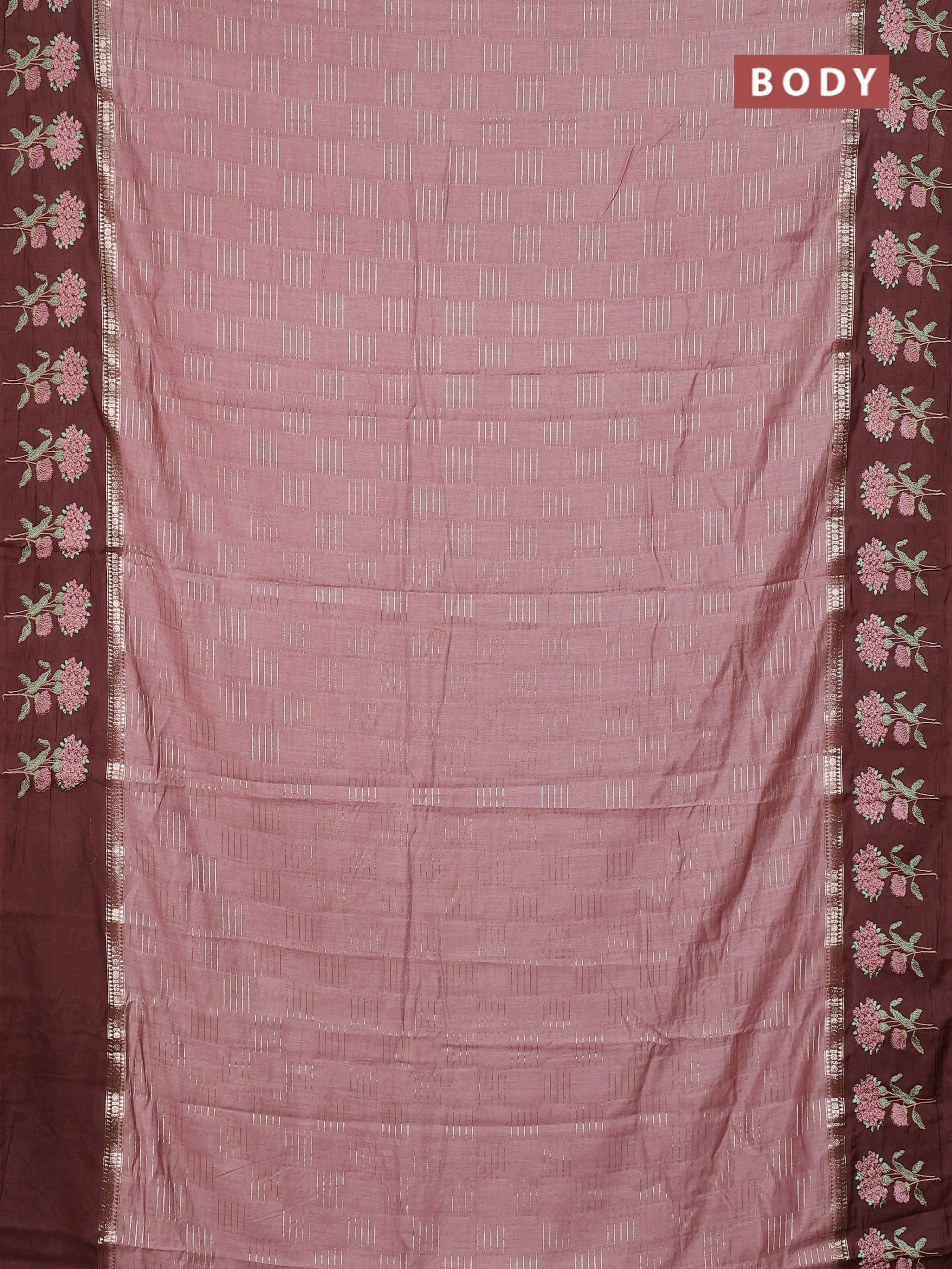 Semi chanderi saree pastel brown and coffee brown with allover zari weaves and embroidery border - Image 2