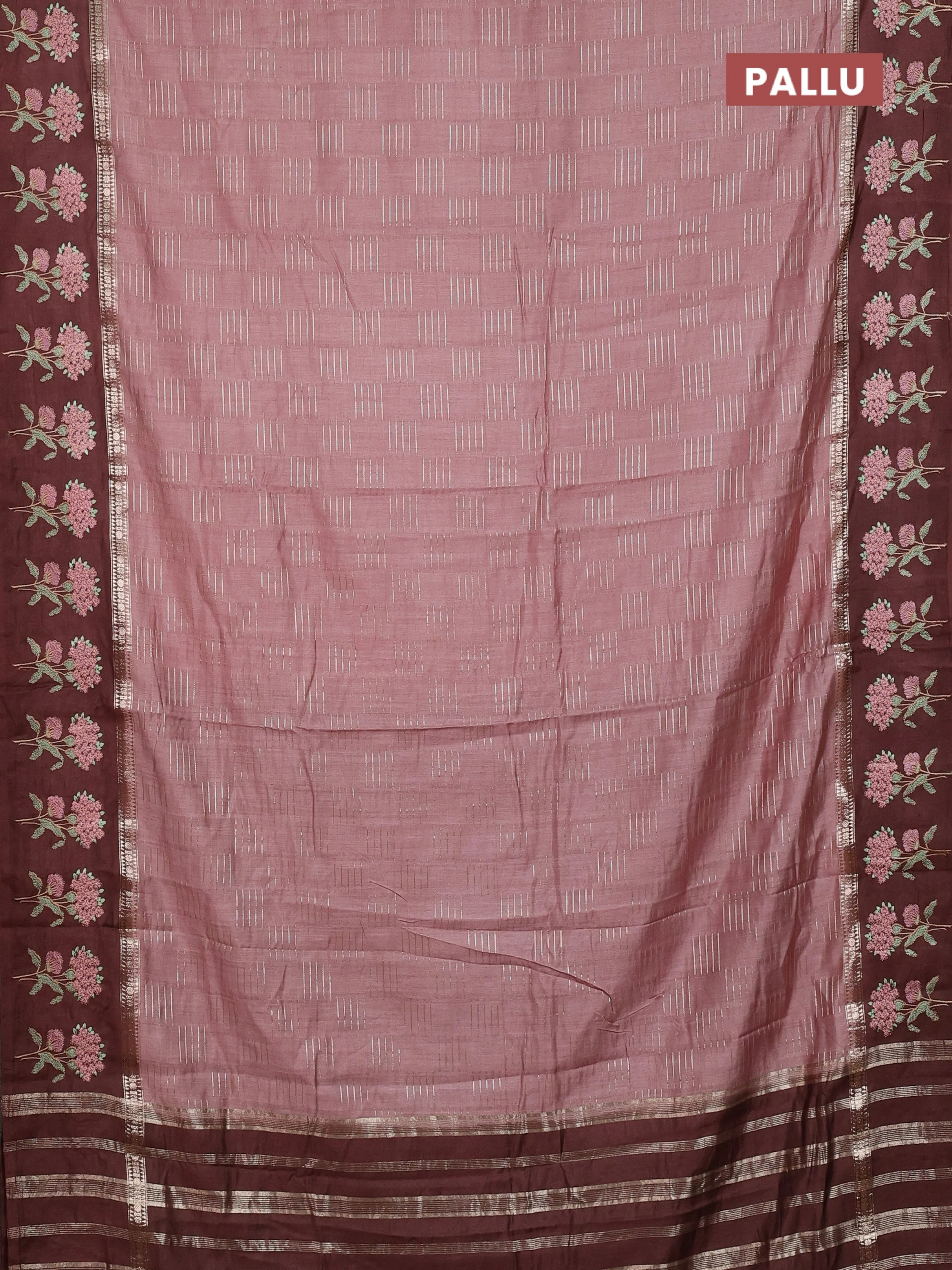 Semi chanderi saree pastel brown and coffee brown with allover zari weaves and embroidery border - Image 3