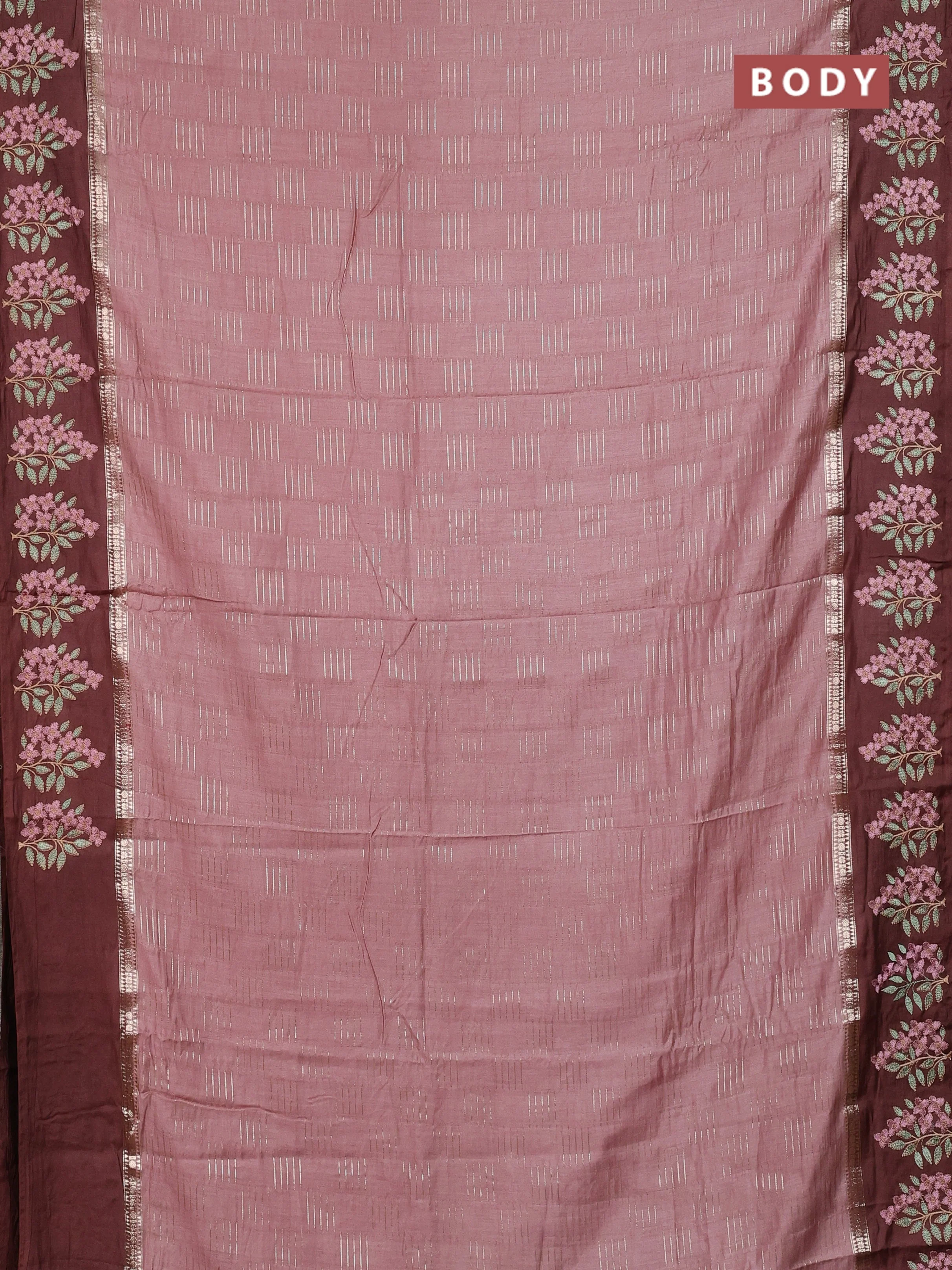 Semi chanderi saree pastel brown and coffee brown with allover zari weaves and embroidery border - Image 2