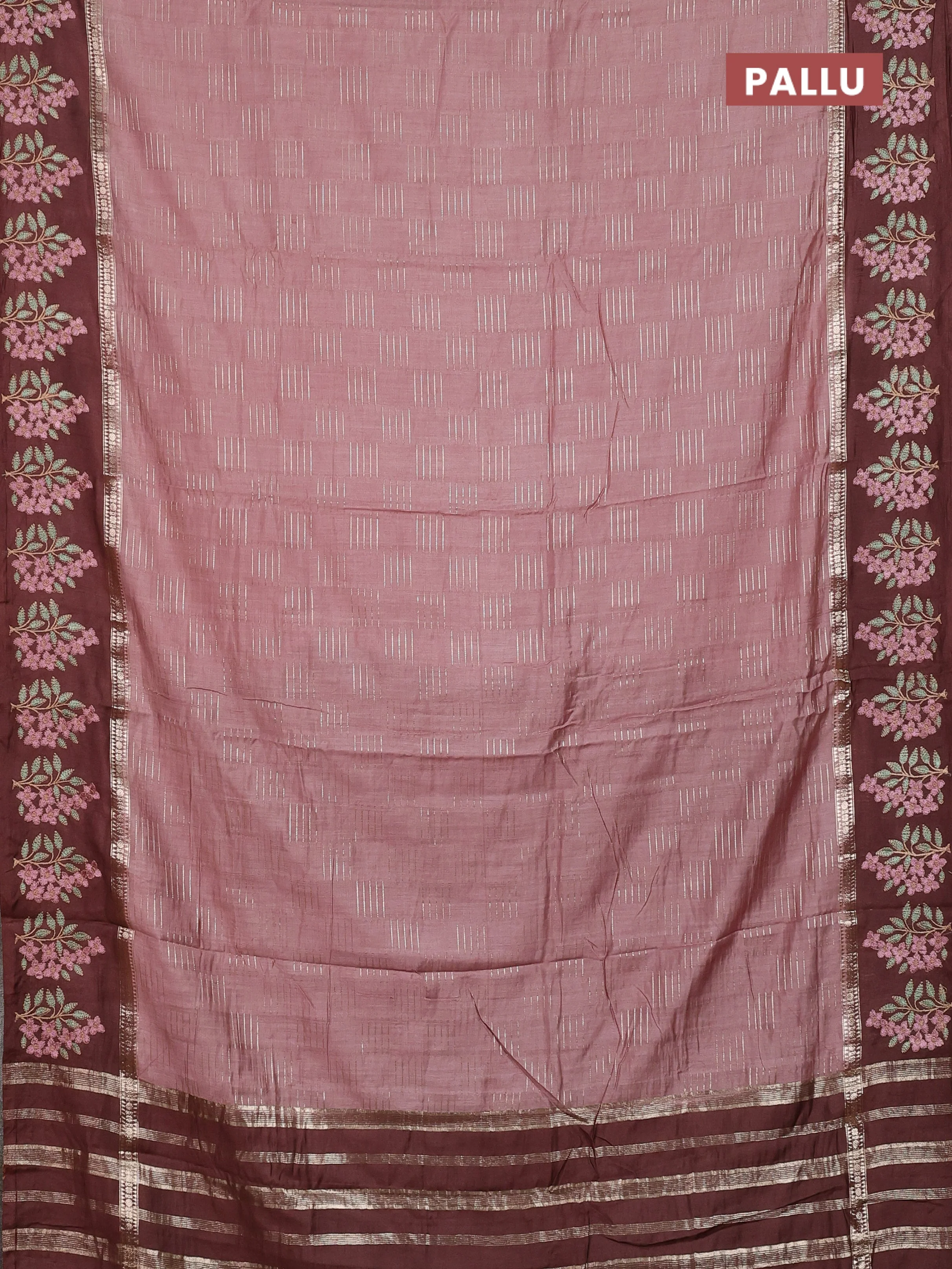 Semi chanderi saree pastel brown and coffee brown with allover zari weaves and embroidery border - Image 3