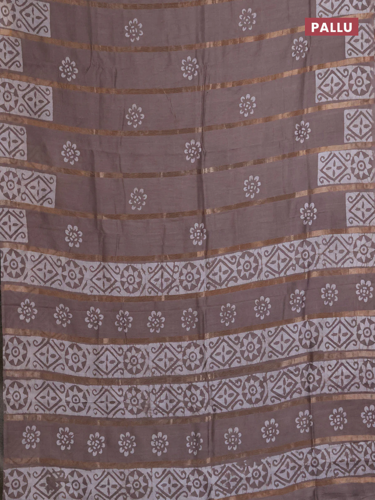 Semi chanderi saree pastel brown shade with allover zari strips & batik butta prints in borderless style - Image 3