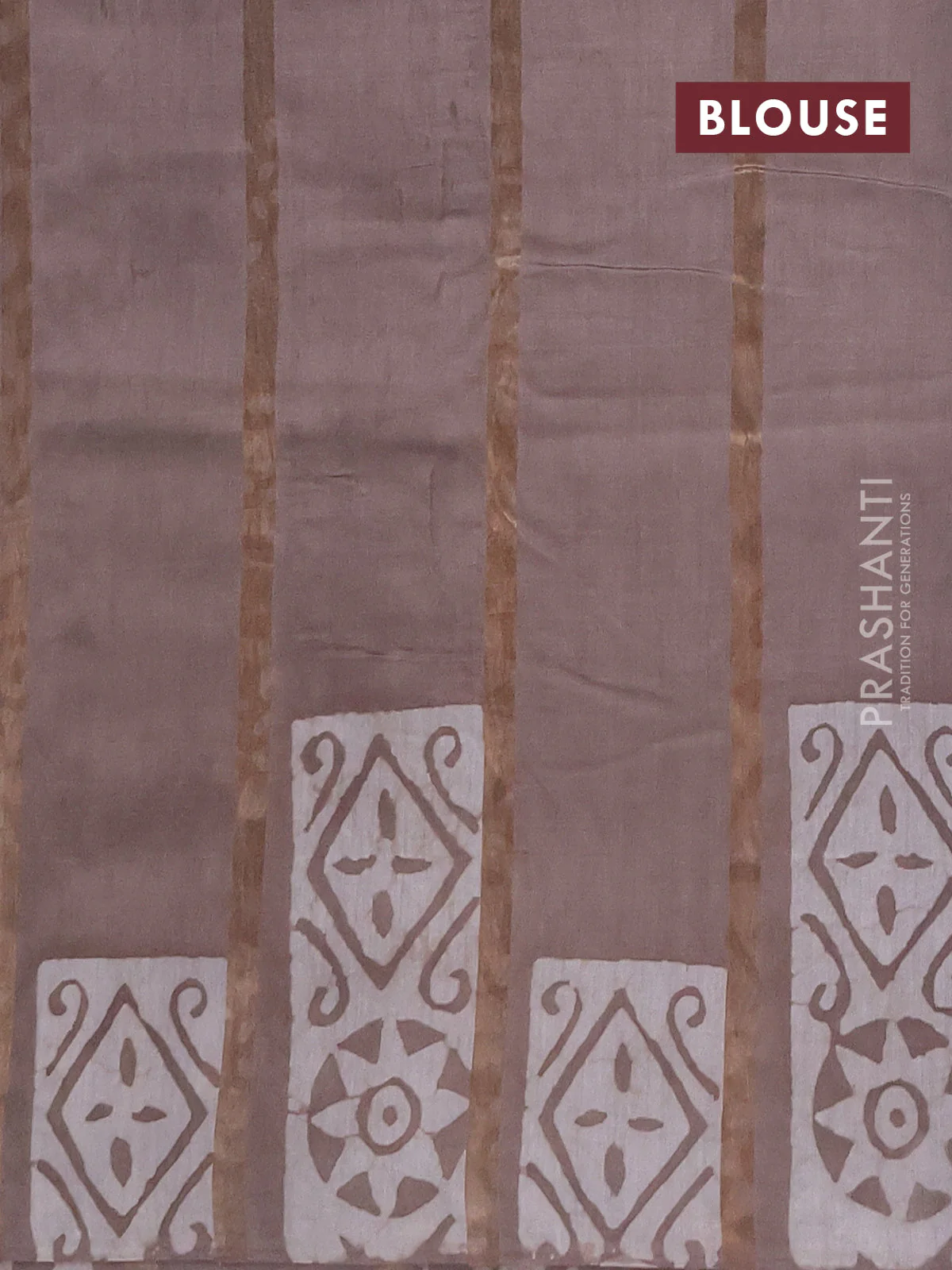 Semi chanderi saree pastel brown shade with allover zari strips & batik butta prints in borderless style - Image 4