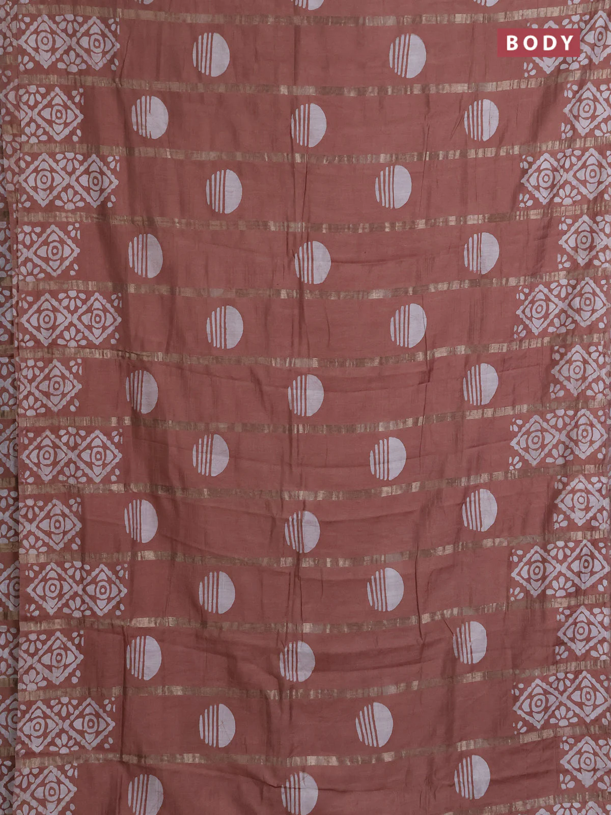 Semi chanderi saree pastel brown with allover zari strips & batik butta prints in borderless style - Image 2